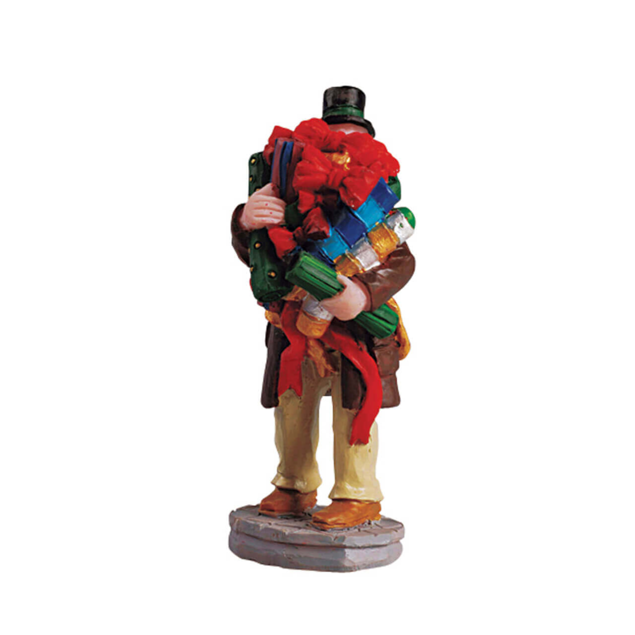 Statue of a person carrying a large bundle of colorful items on a white background