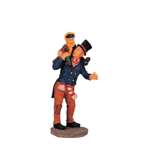 Statue of a man in a blue coat carrying a child on his shoulders against a white background