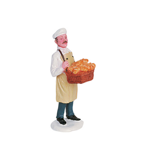 Lemax Figurine of a baker holding a basket of bread on a white background