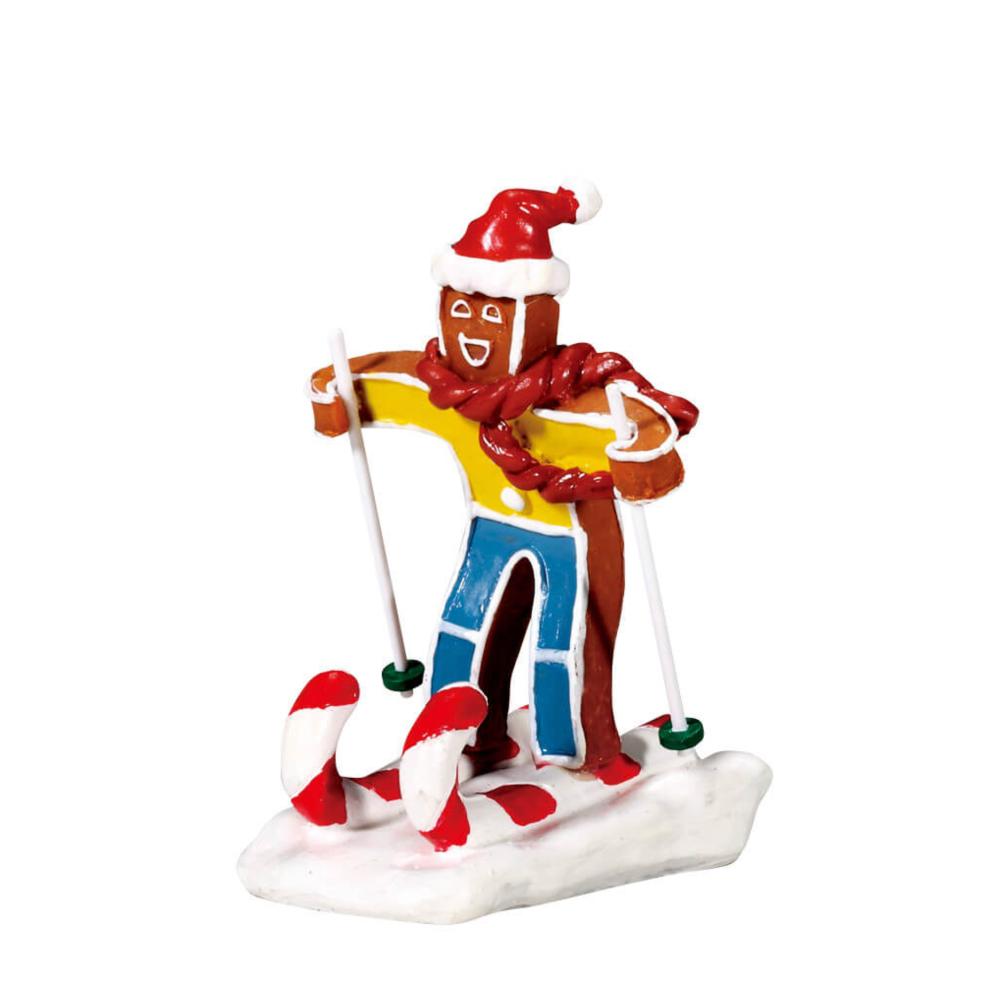 Gingerbread man skier figurine on a white background