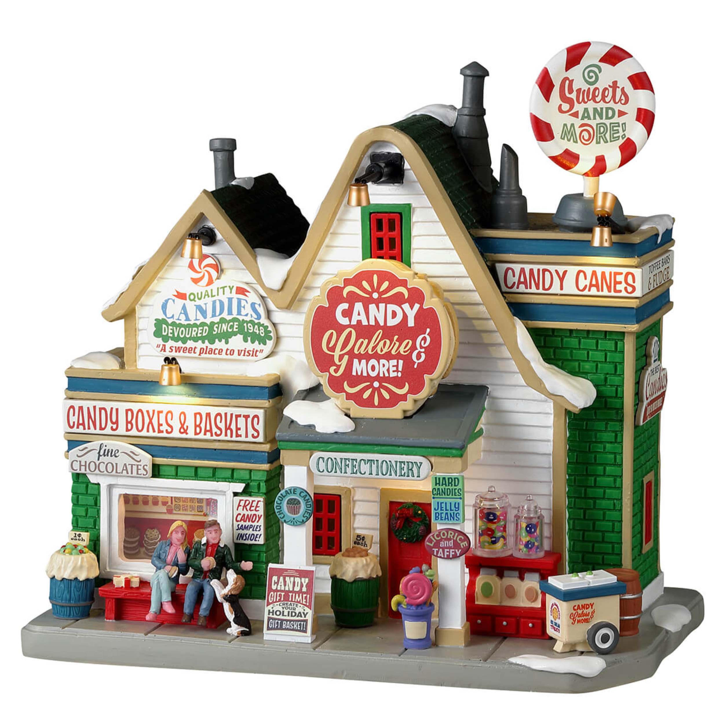 Harvest Crossing candy store model with colorful signs and small figures on a white background