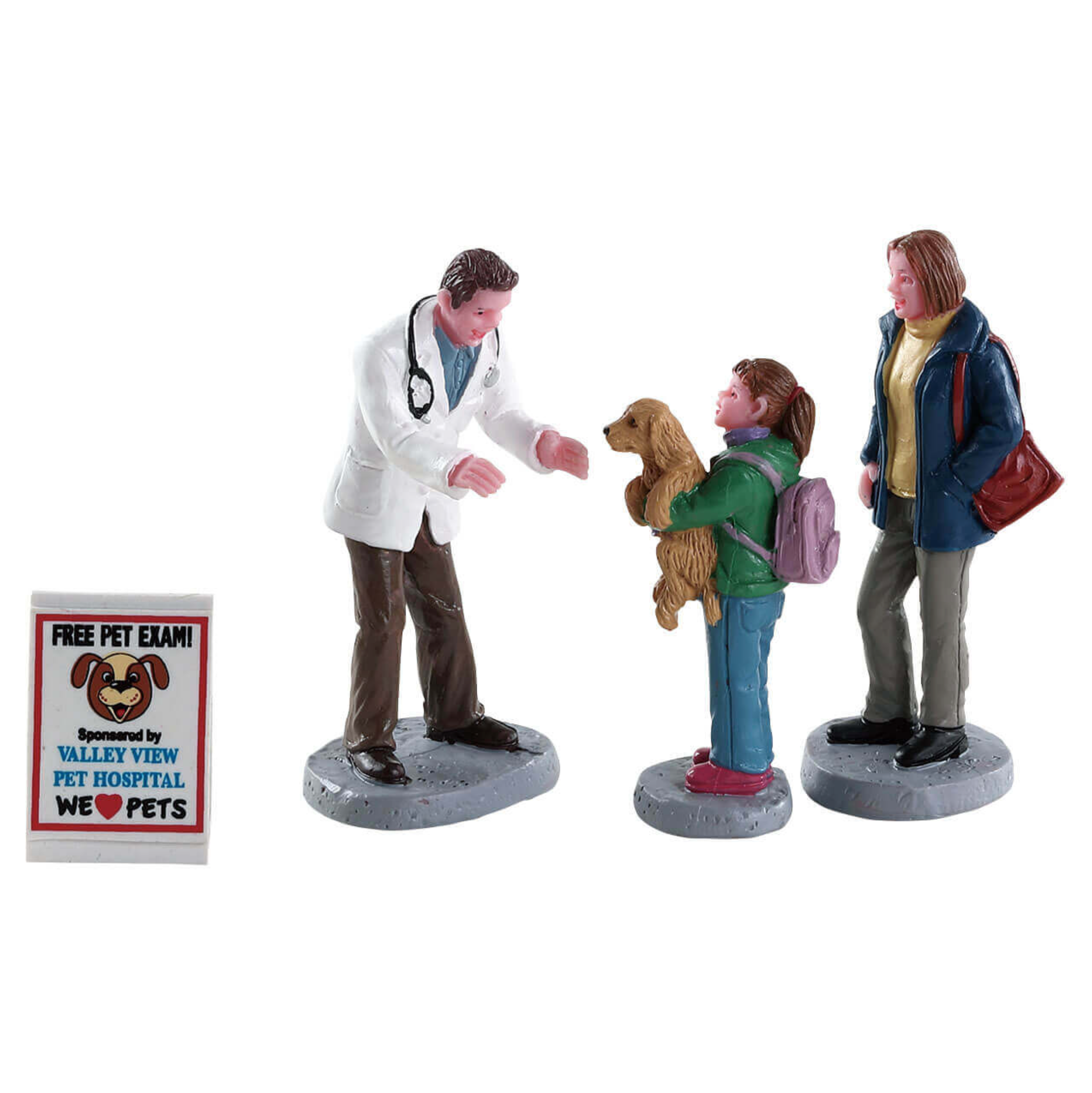 Set of Lemax figures including a vet, a child with a dog, and a parent, with a 'Free Pet Exam' sign in the background.