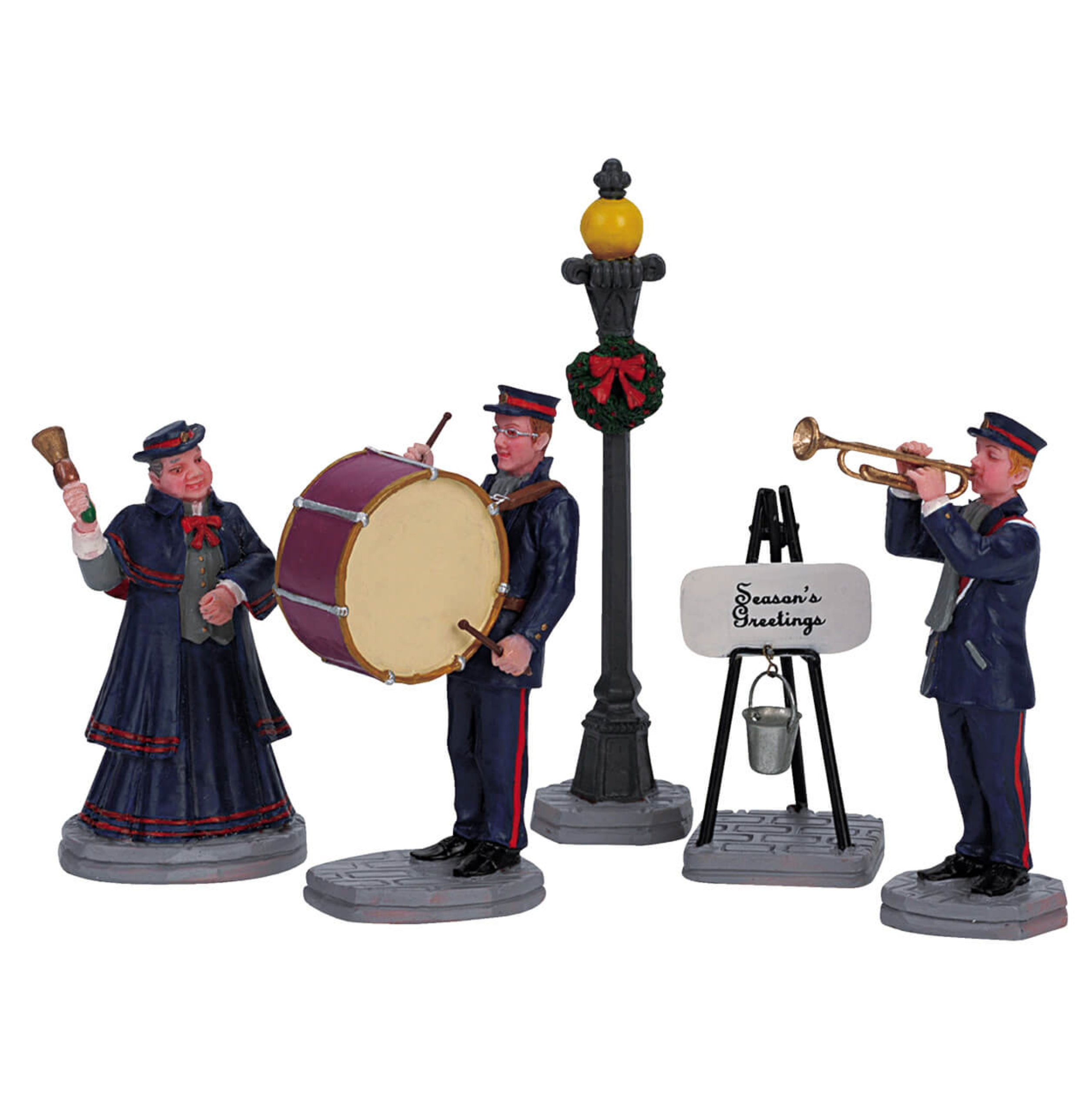 Set of 5 figurines in festive attire with a streetlamp and 'Season's Greetings' sign.