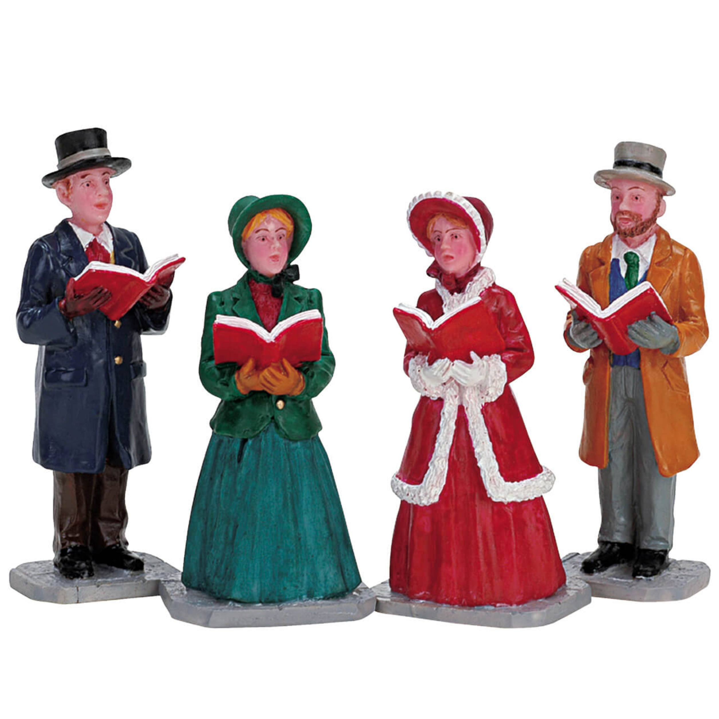 Four figurines in vintage clothing holding books singing Christmas carols on a white background