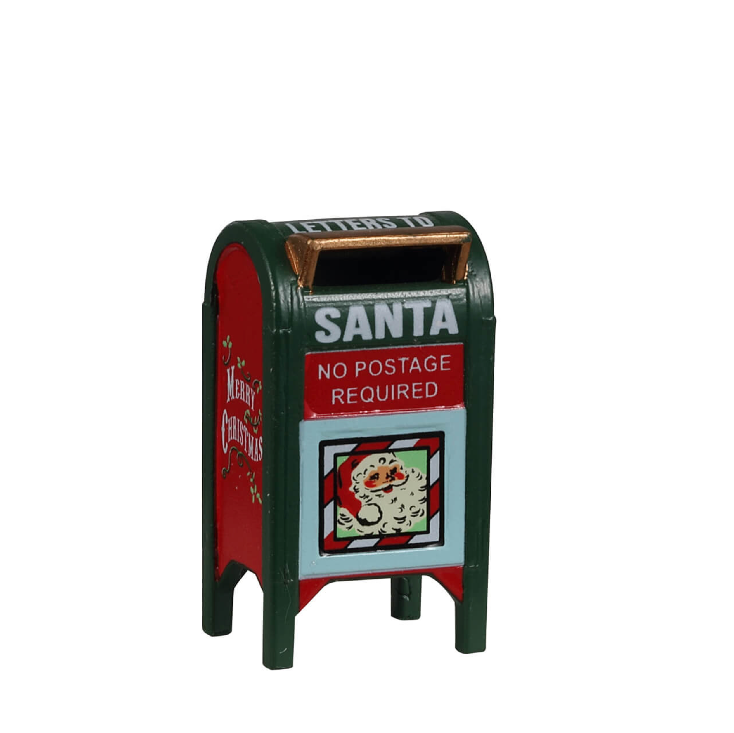 Decorative Lemax metal mailbox with 'Letters to Santa' and 'No Postage Required' text on a white background