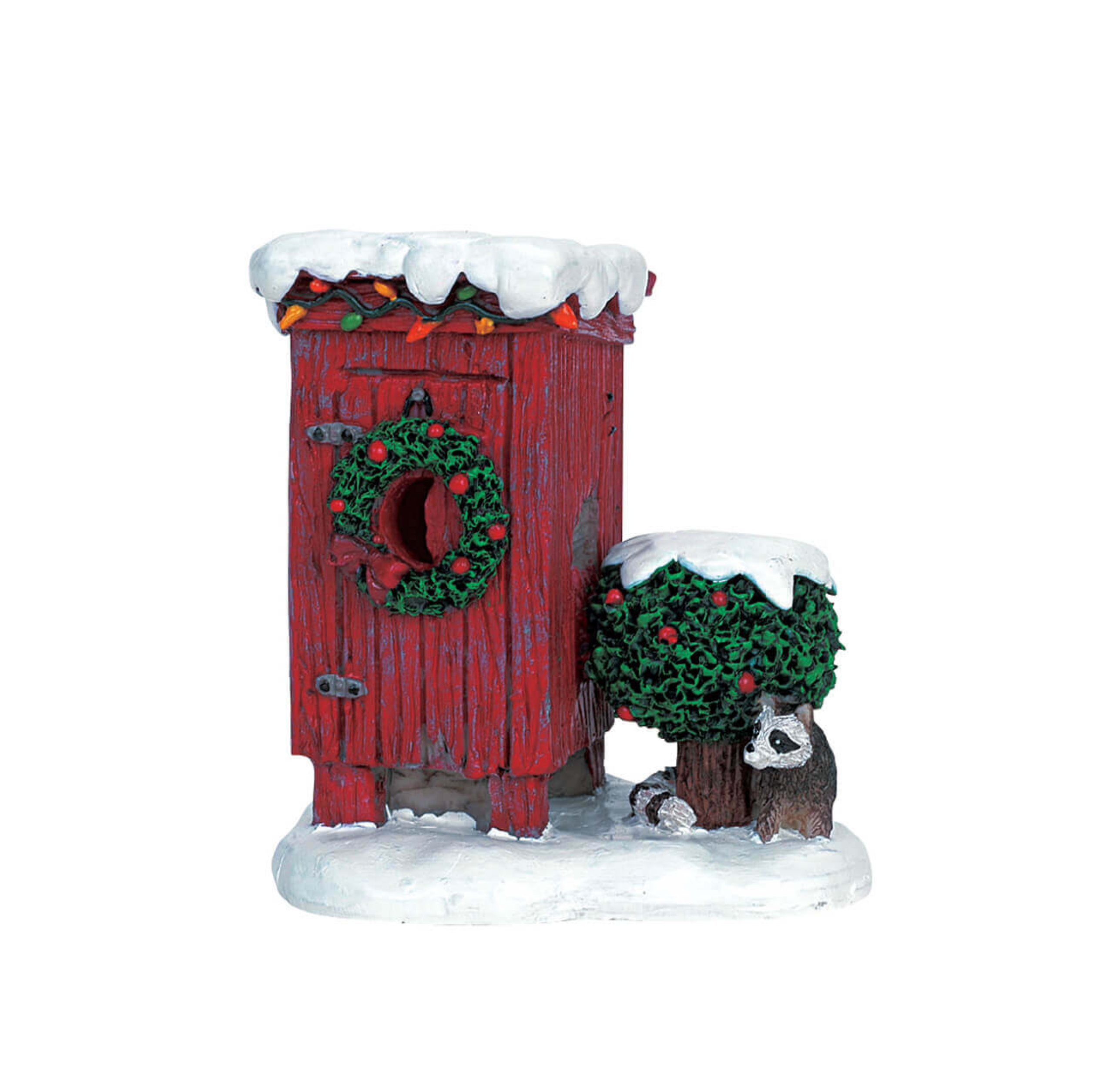 Decorative red outhouse with a wreath, snow, and small figures on a white background