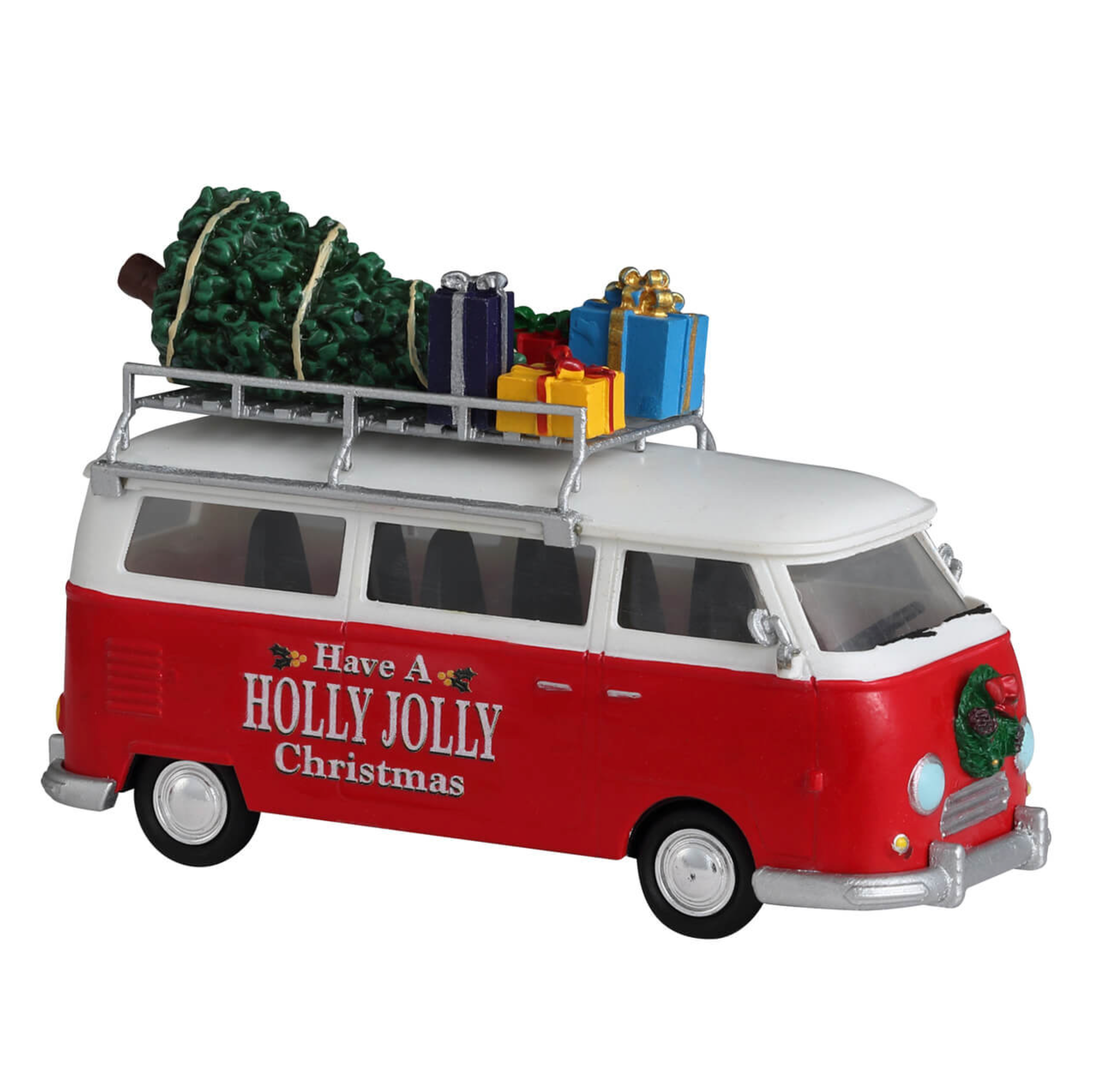 Red van figuring with Christmas decorations on a white background