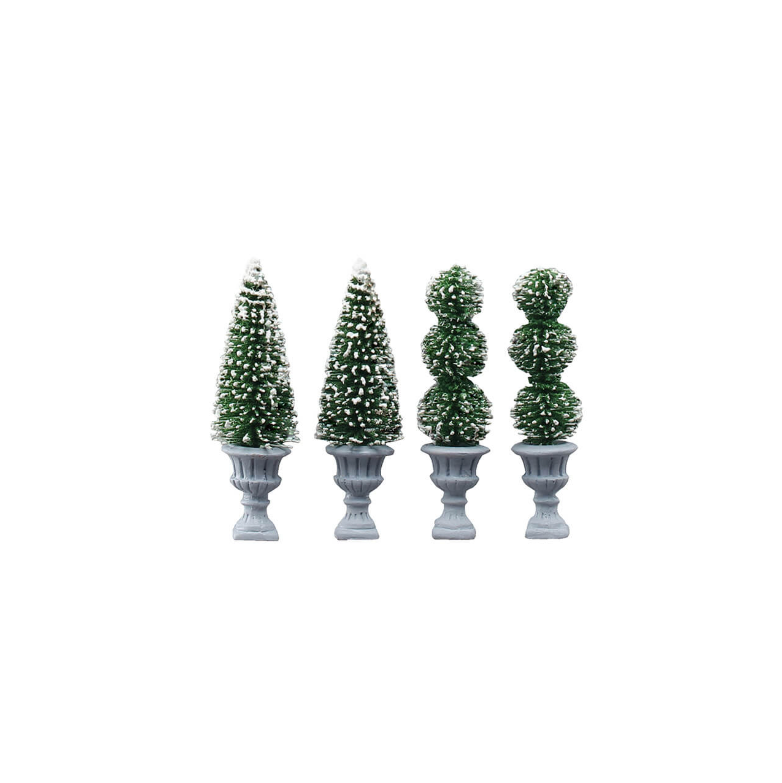 Four Lemax  topiary trees in pots on a white background