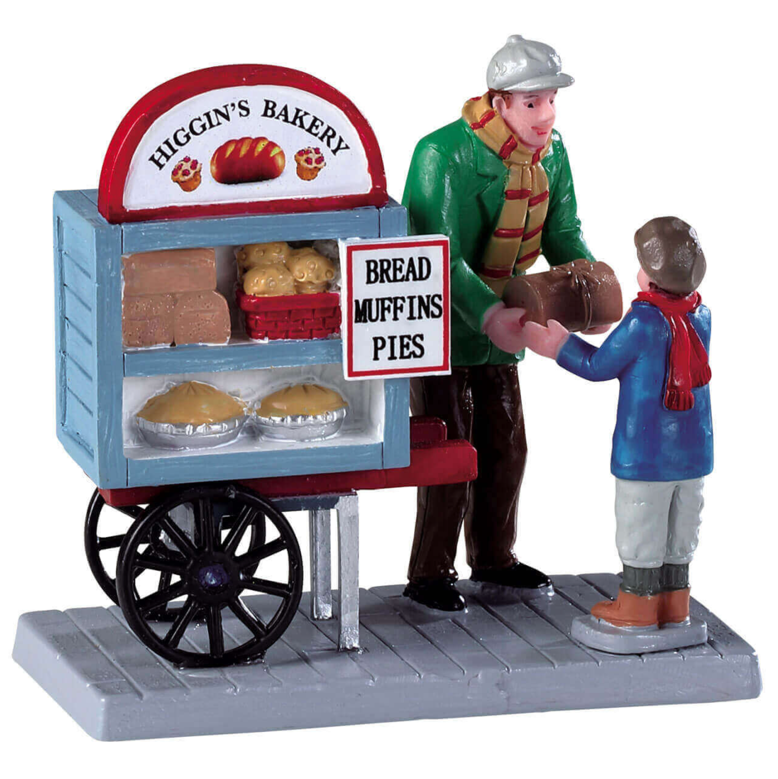 Model bakery cart with a baker and customer on a white background