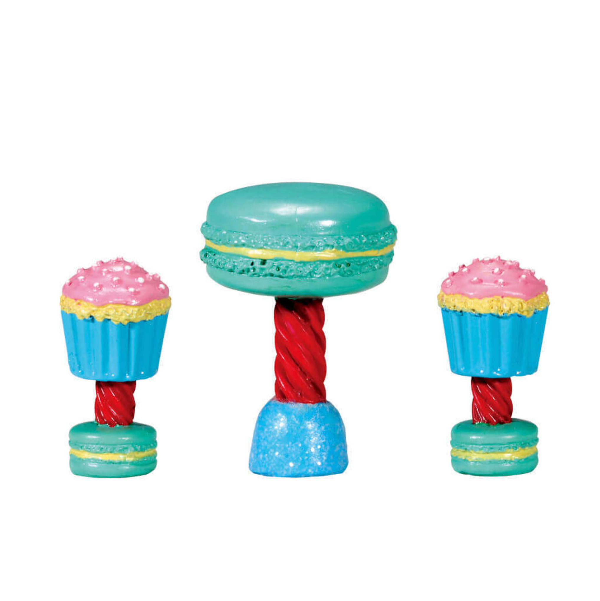 Lemax Table shaped like macarons and cupcakes on a white background