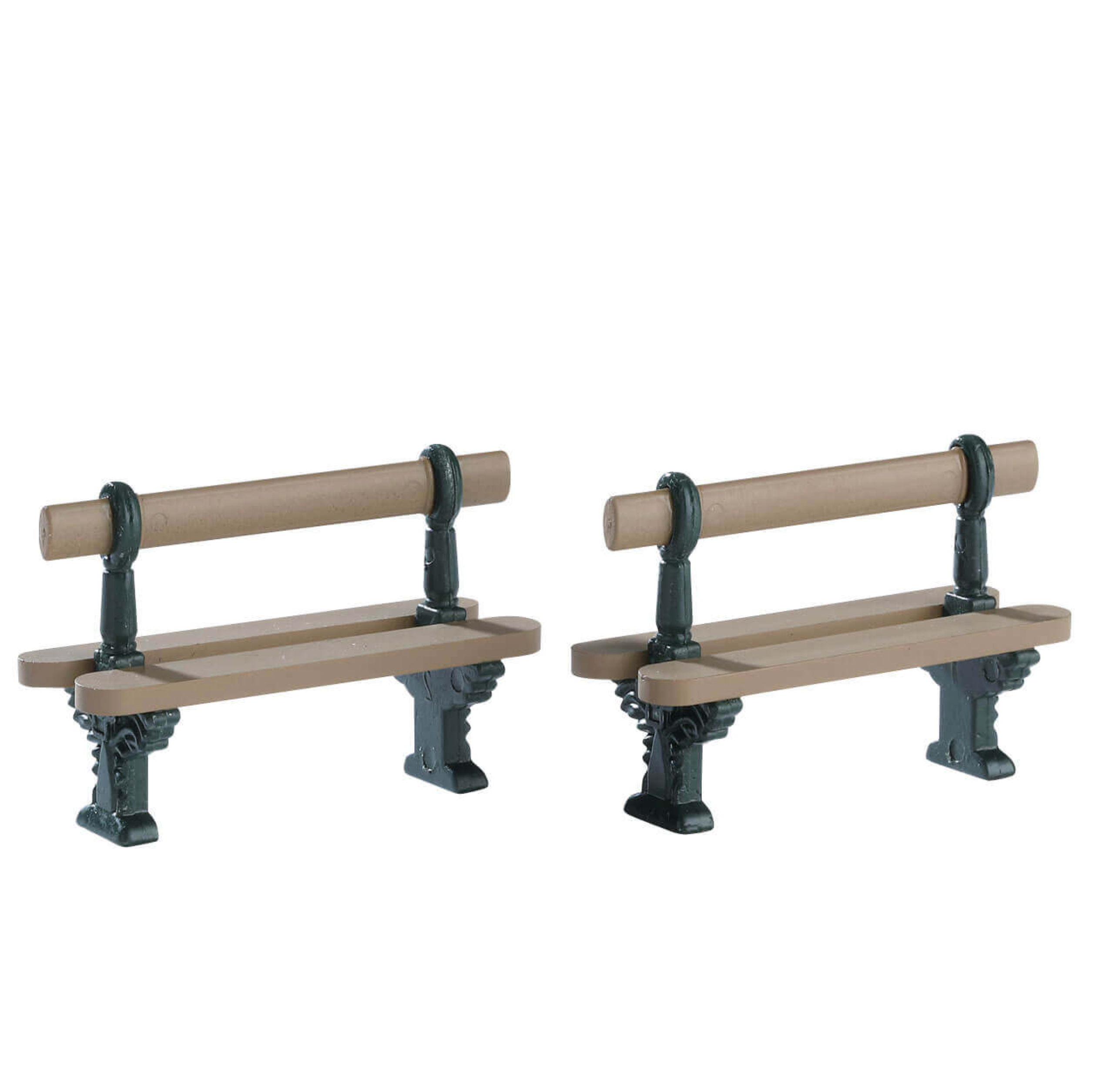 Two Lemax park benches with beige seats and black metal frames on a white background