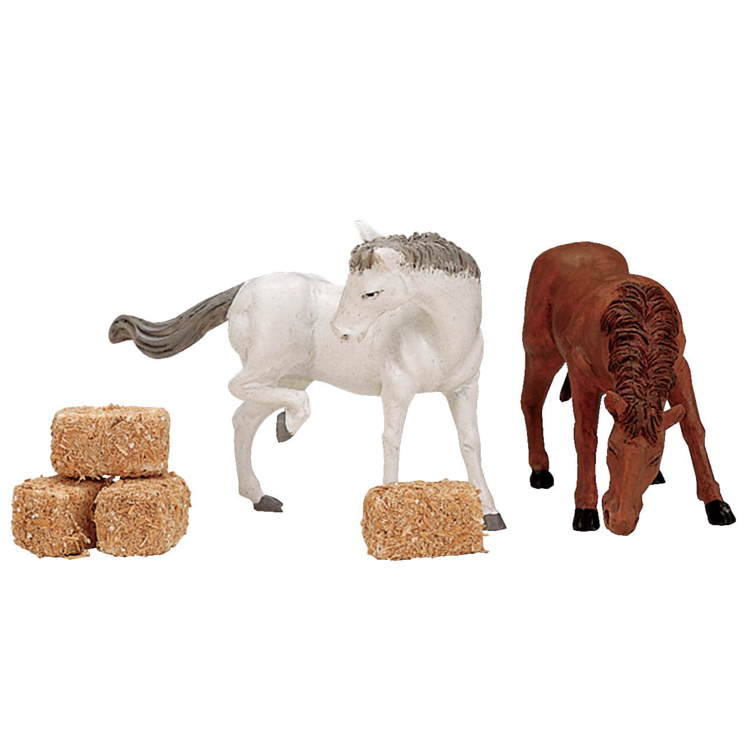 Two Lemax horse figurines with hay bales on a white background