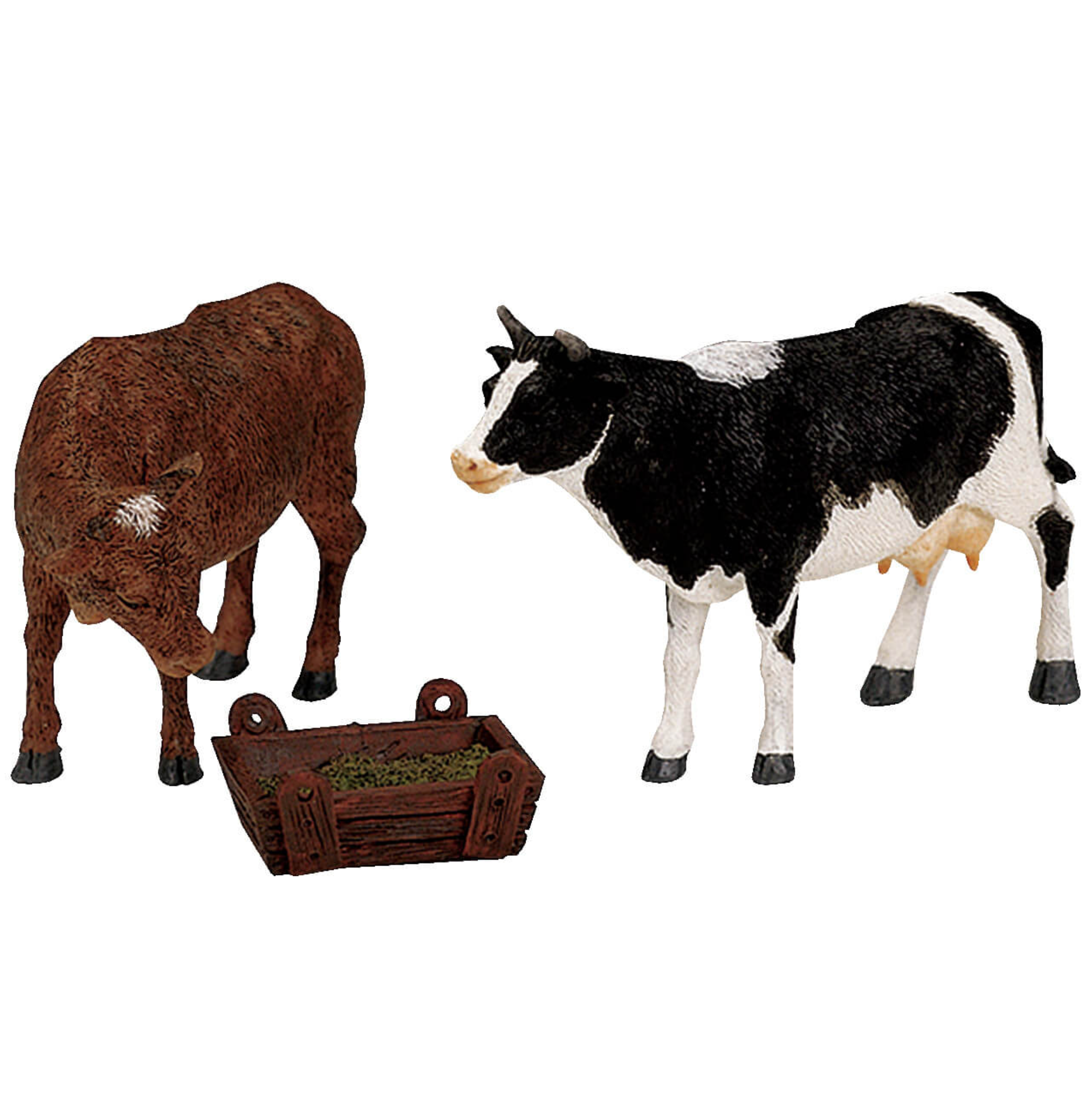 One cow and one bull figurines with a wooden crate on a white background