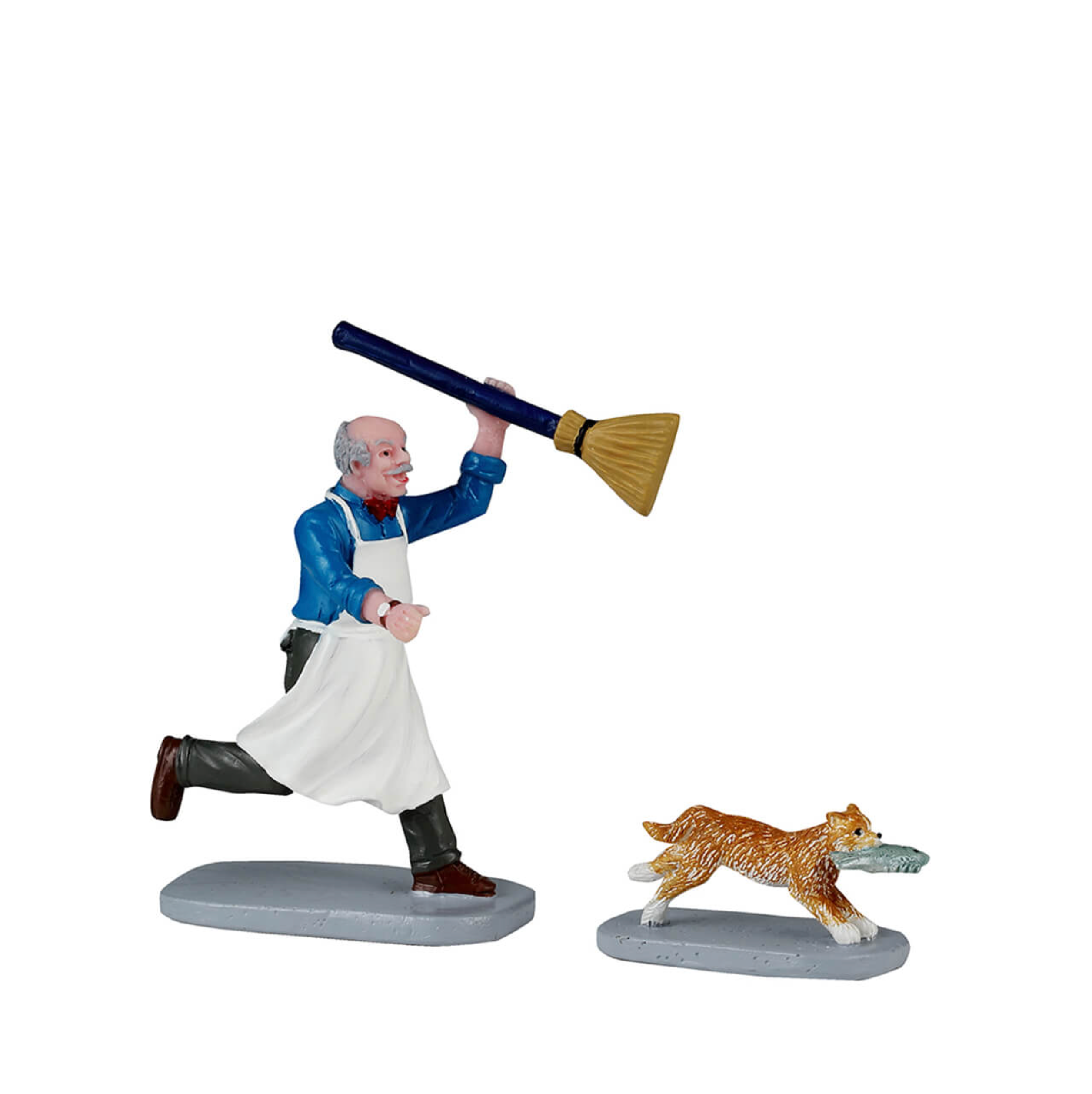 Lemax Caddington Village Figurine of a man with a broom chasing  a cat on a white background