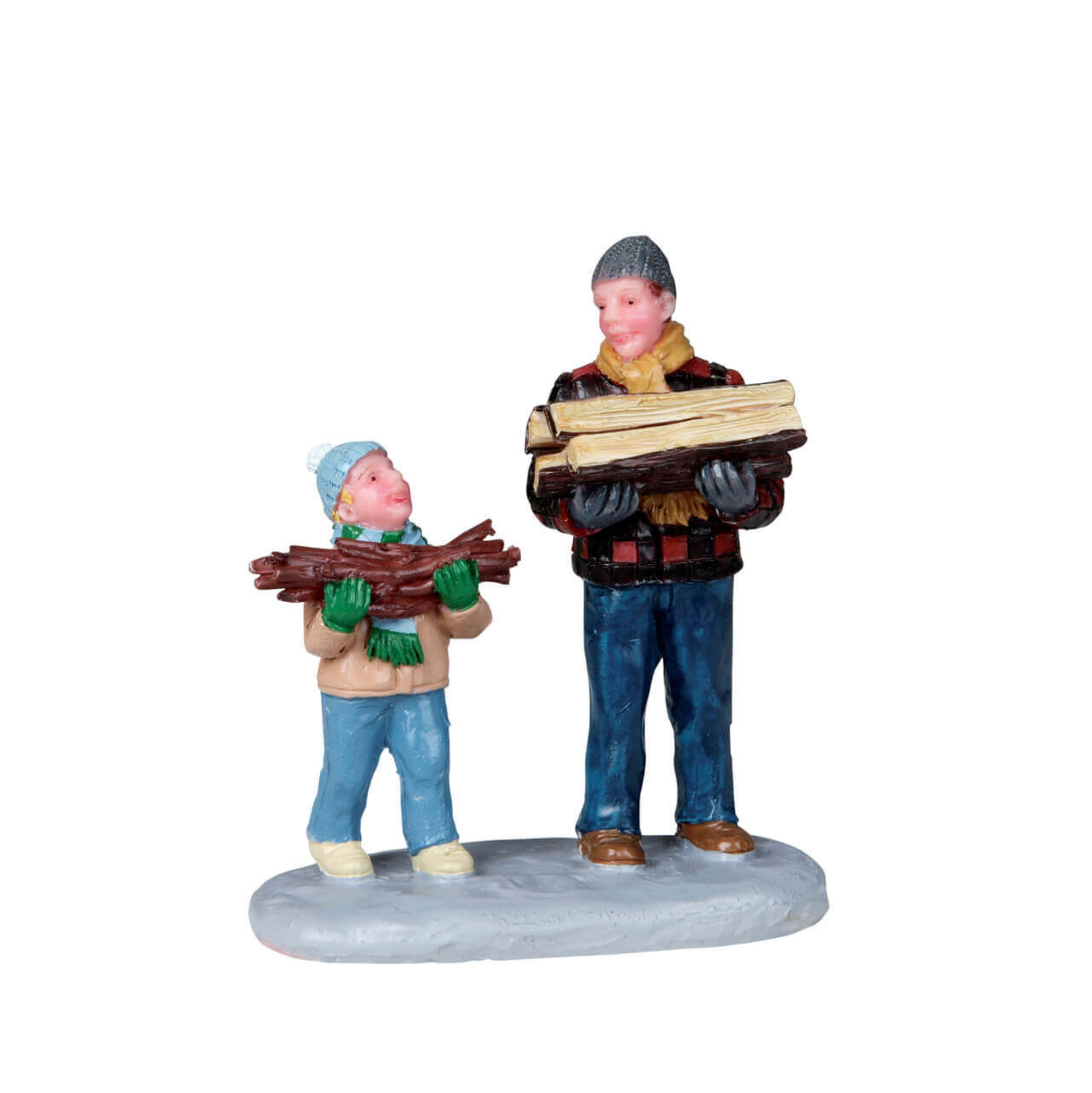 Two figurines of people carrying wood on a white background
