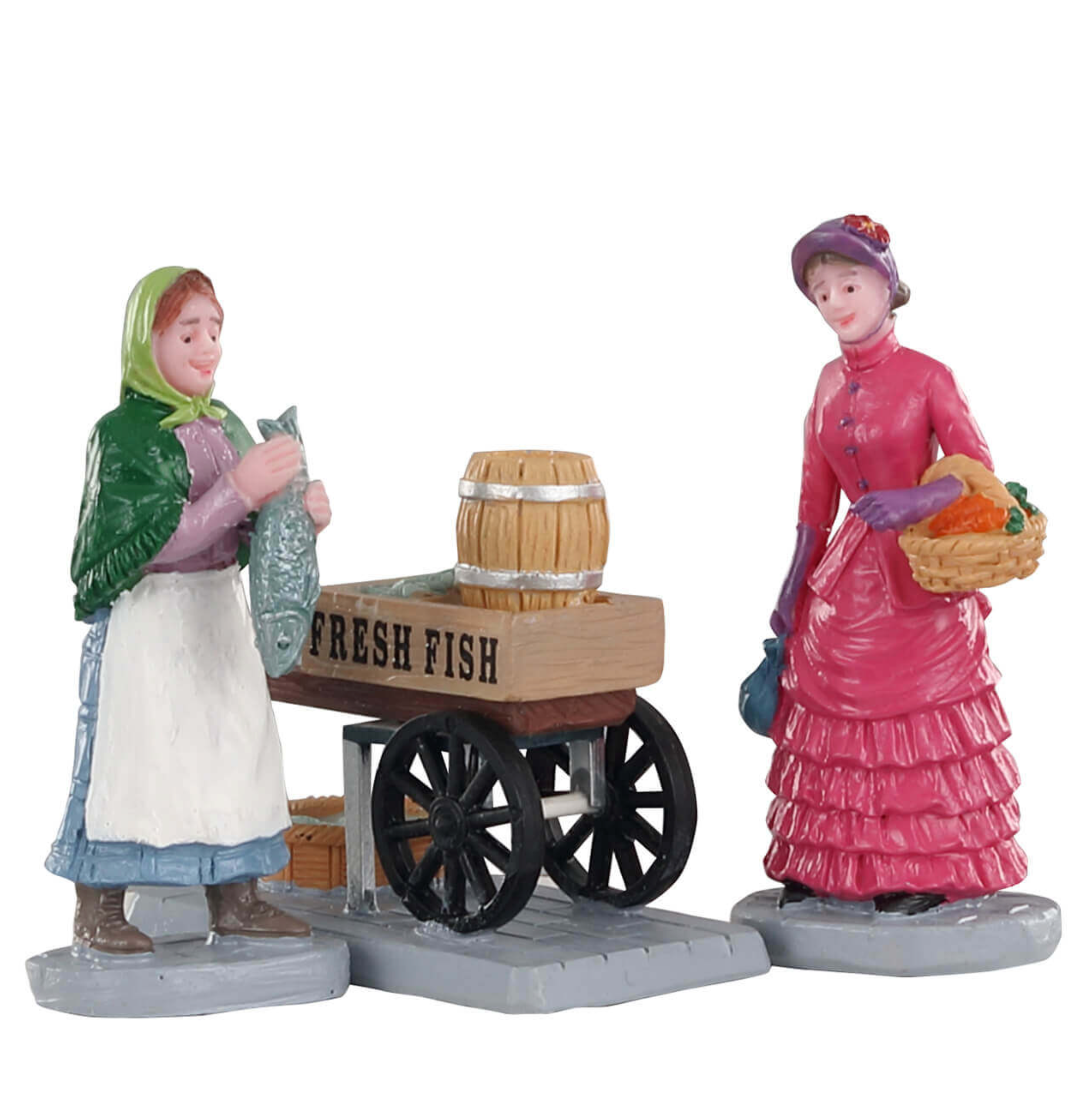 Two figurines of women with a cart labeled 'Fresh Fish' on a white background