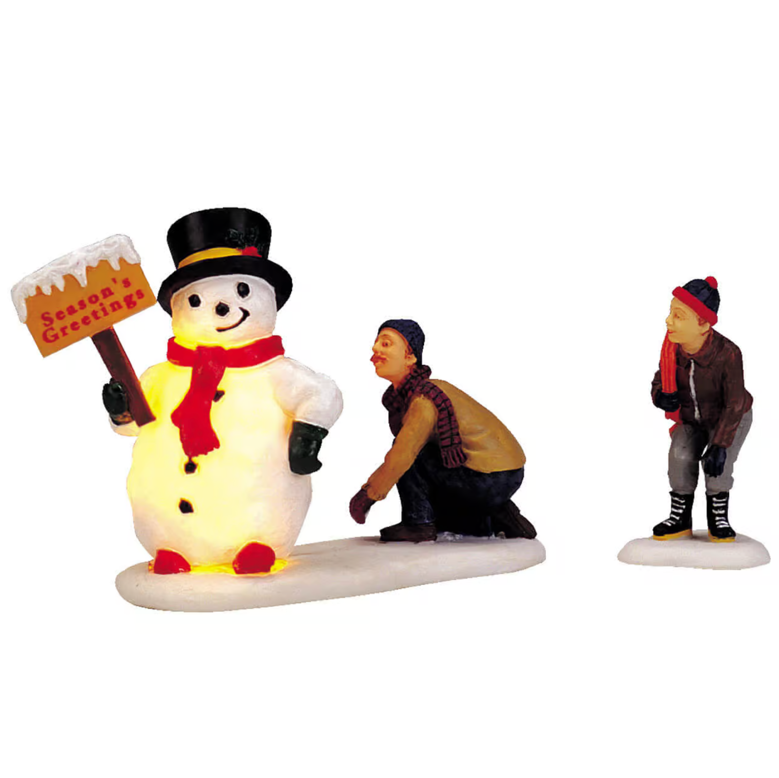 Light up snowman figurine with a sign and two people on a white background