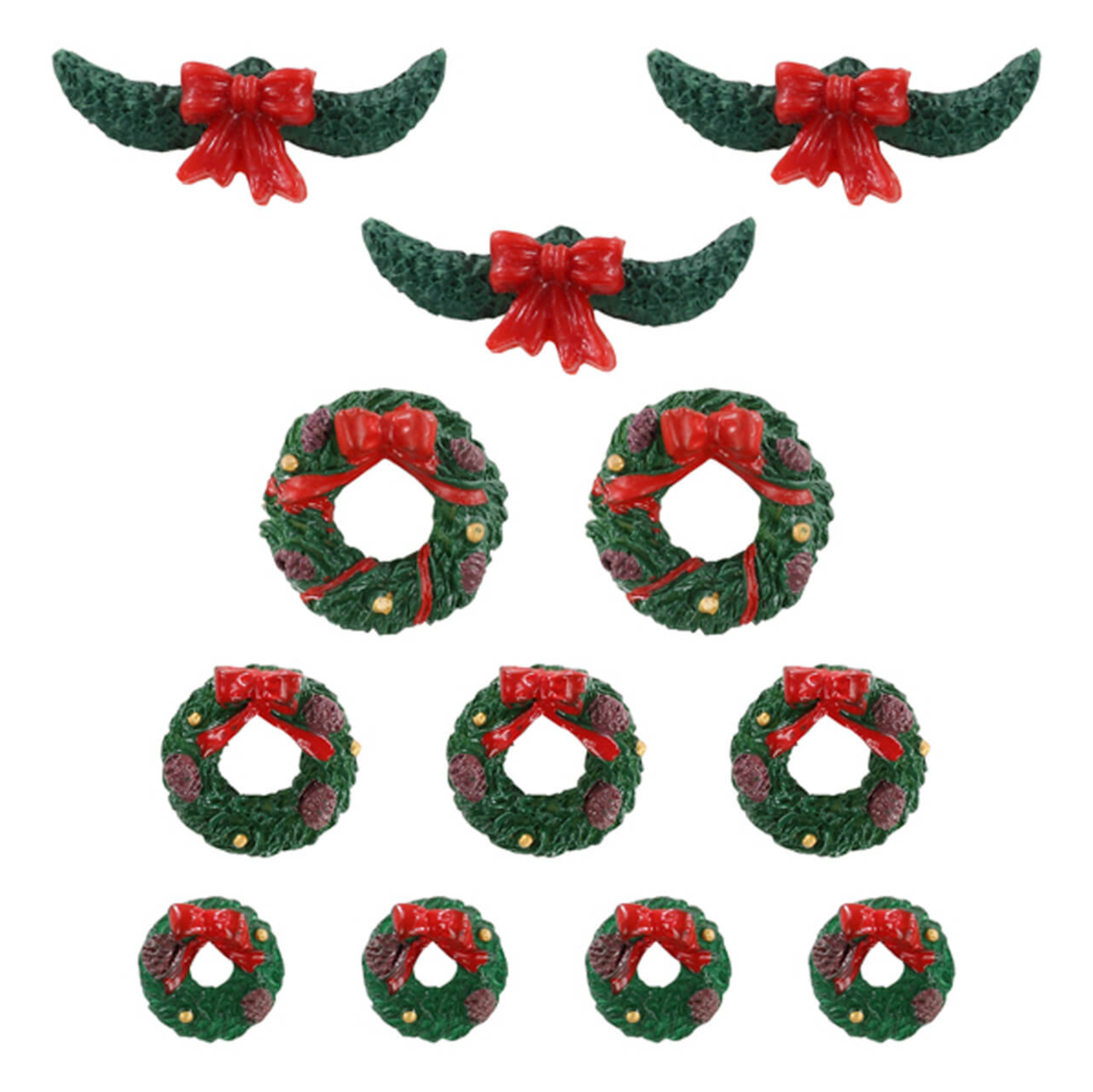 Set of resin Christmas wreaths with red bows on a white background