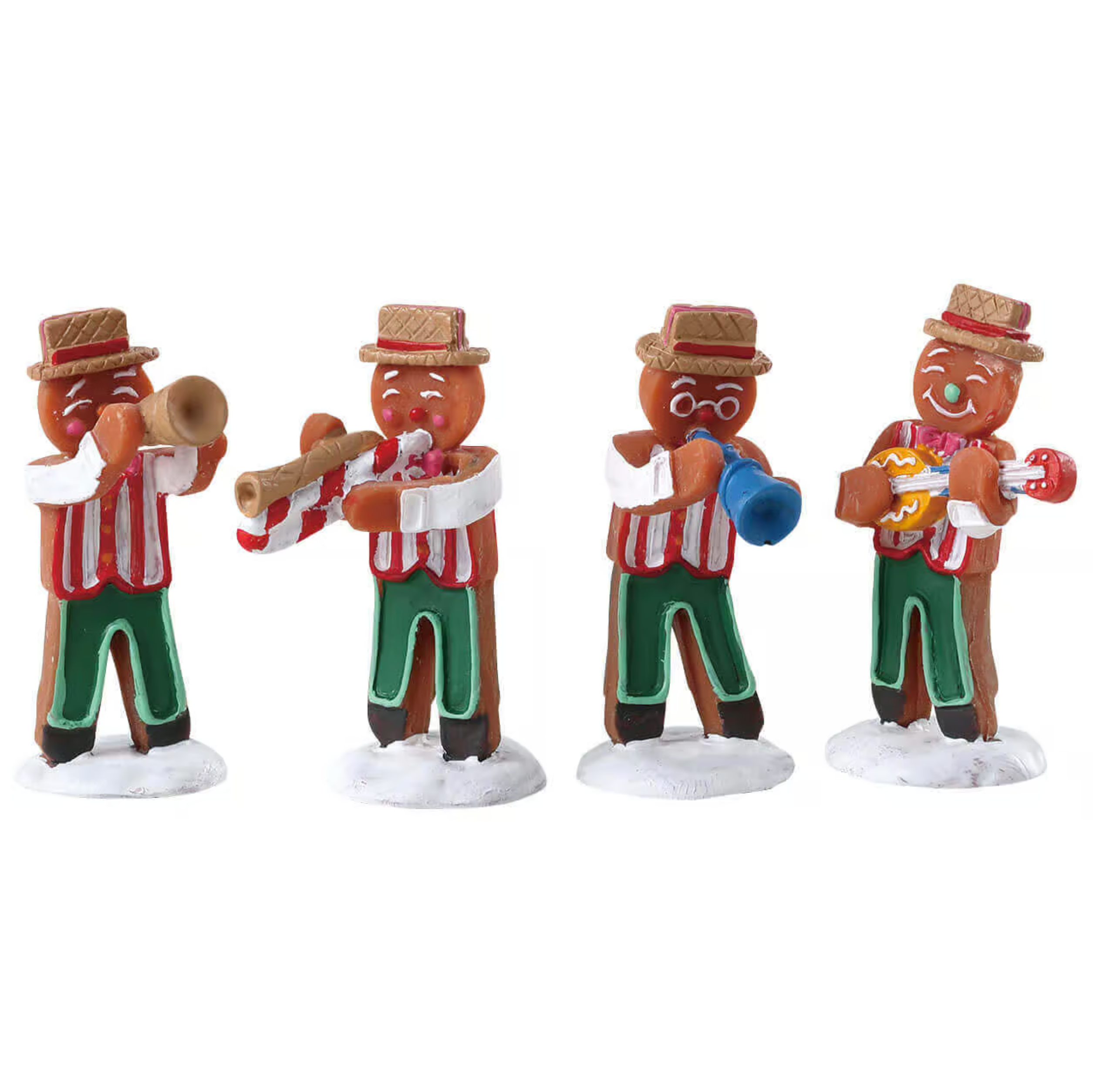 Four gingerbread men figurines playing musical instruments on a white background