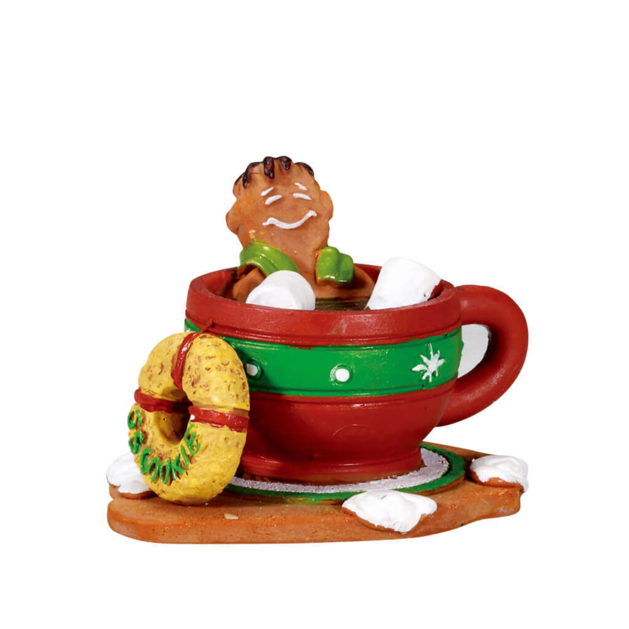 Decorative Lemax figurine of a gingerbread man in a hot chocolate cup with cookies on a white background