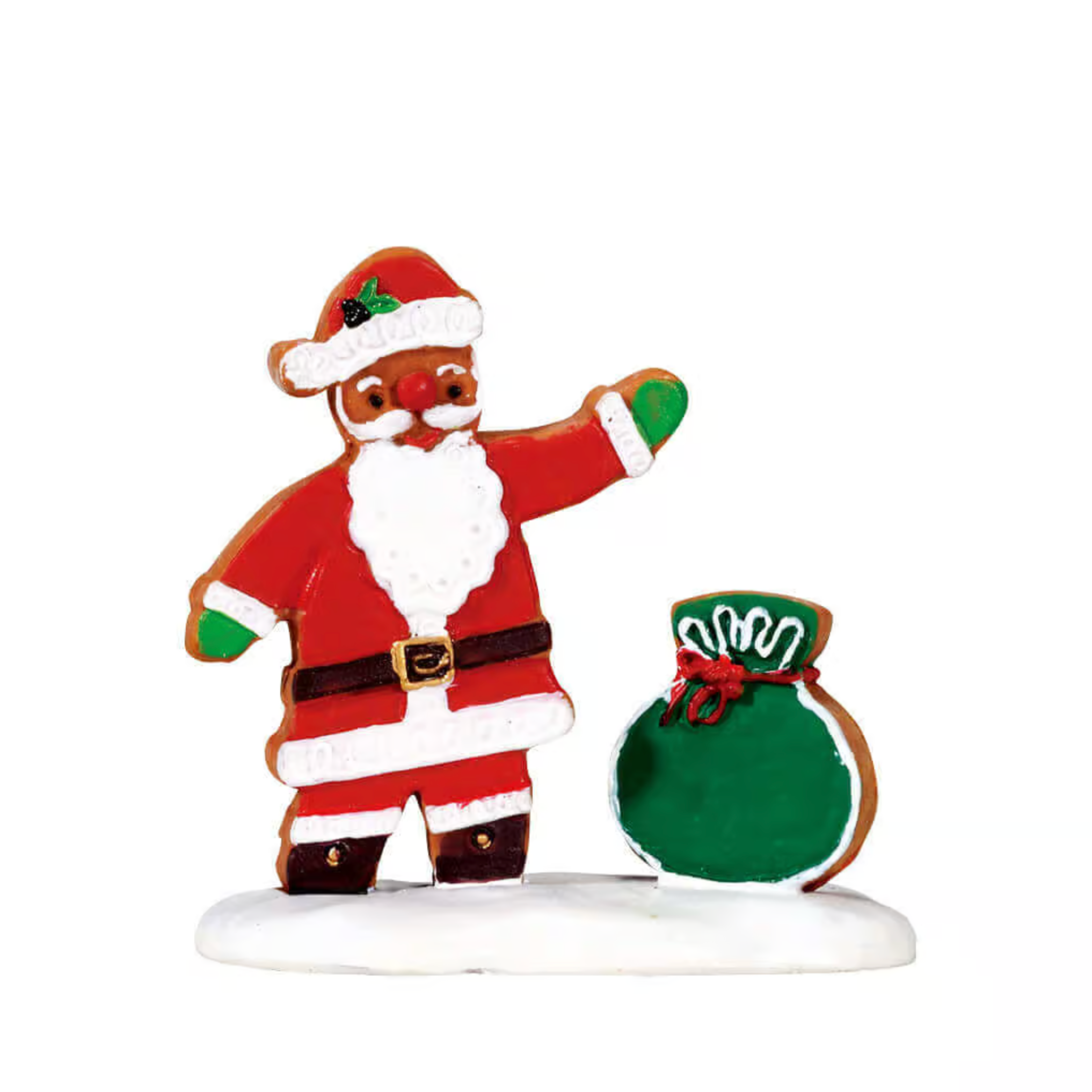 Santa Claus figurine with a green sack on a white background