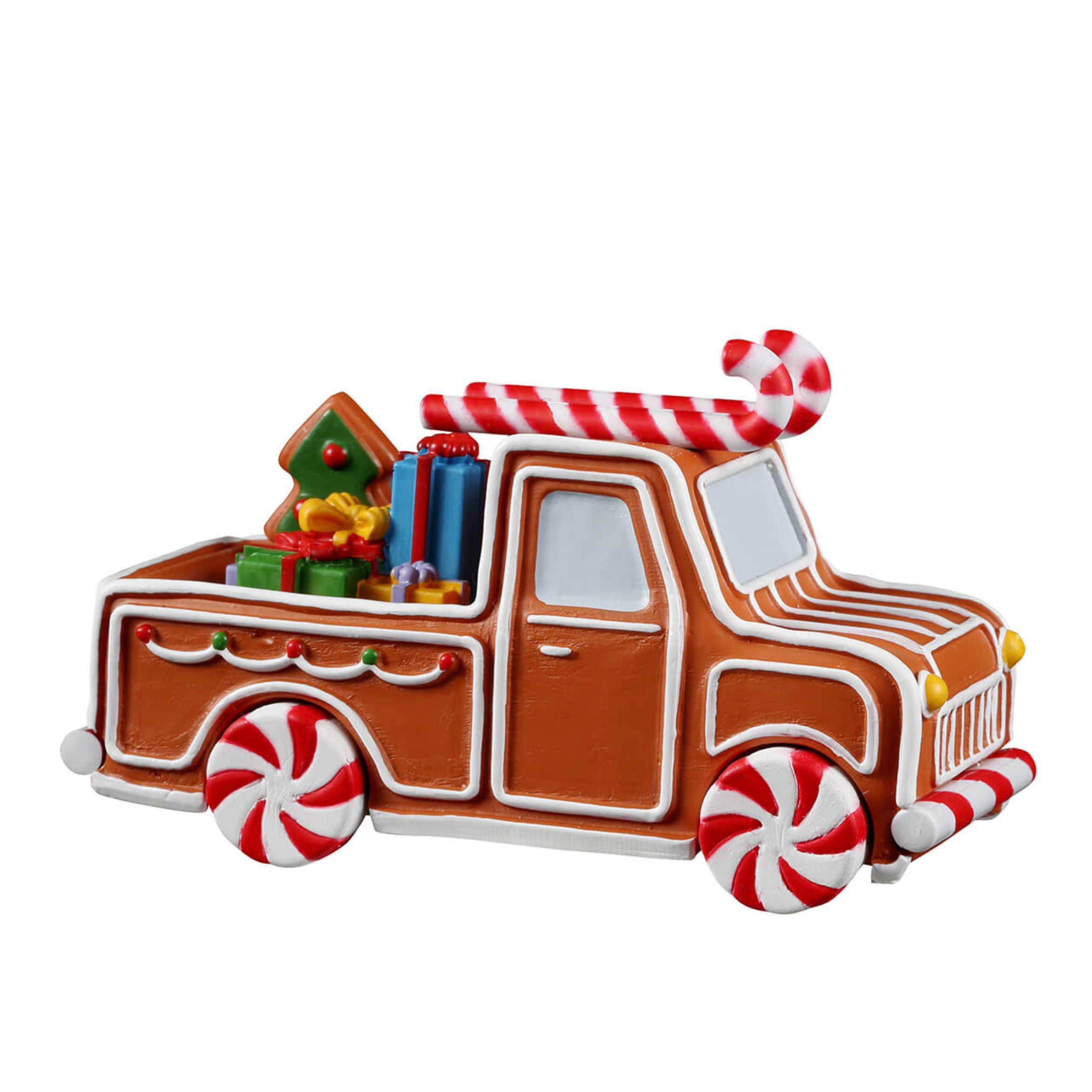 Decorative Sugar and Spice gingerbread truck with candy cane details on a white background