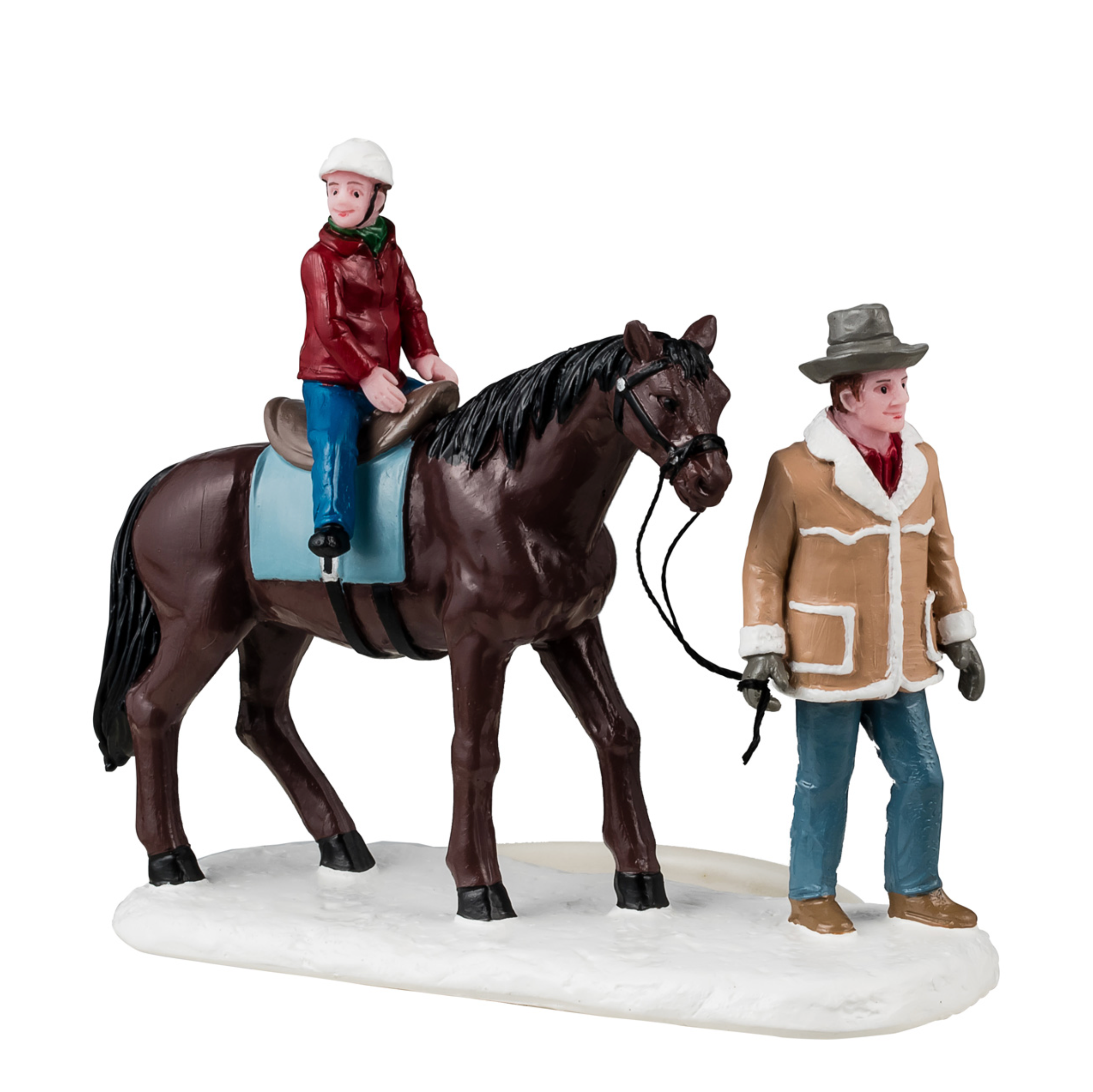 Lemax Figurine of a person on a horse with another person holding the reins on a white background