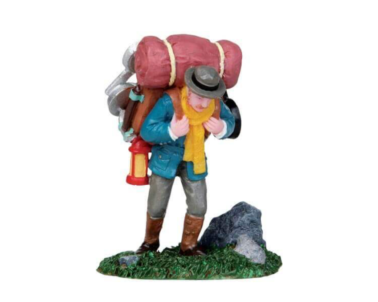 Figurine of a resin lemax figurine with a large backpack and lantern on a white background