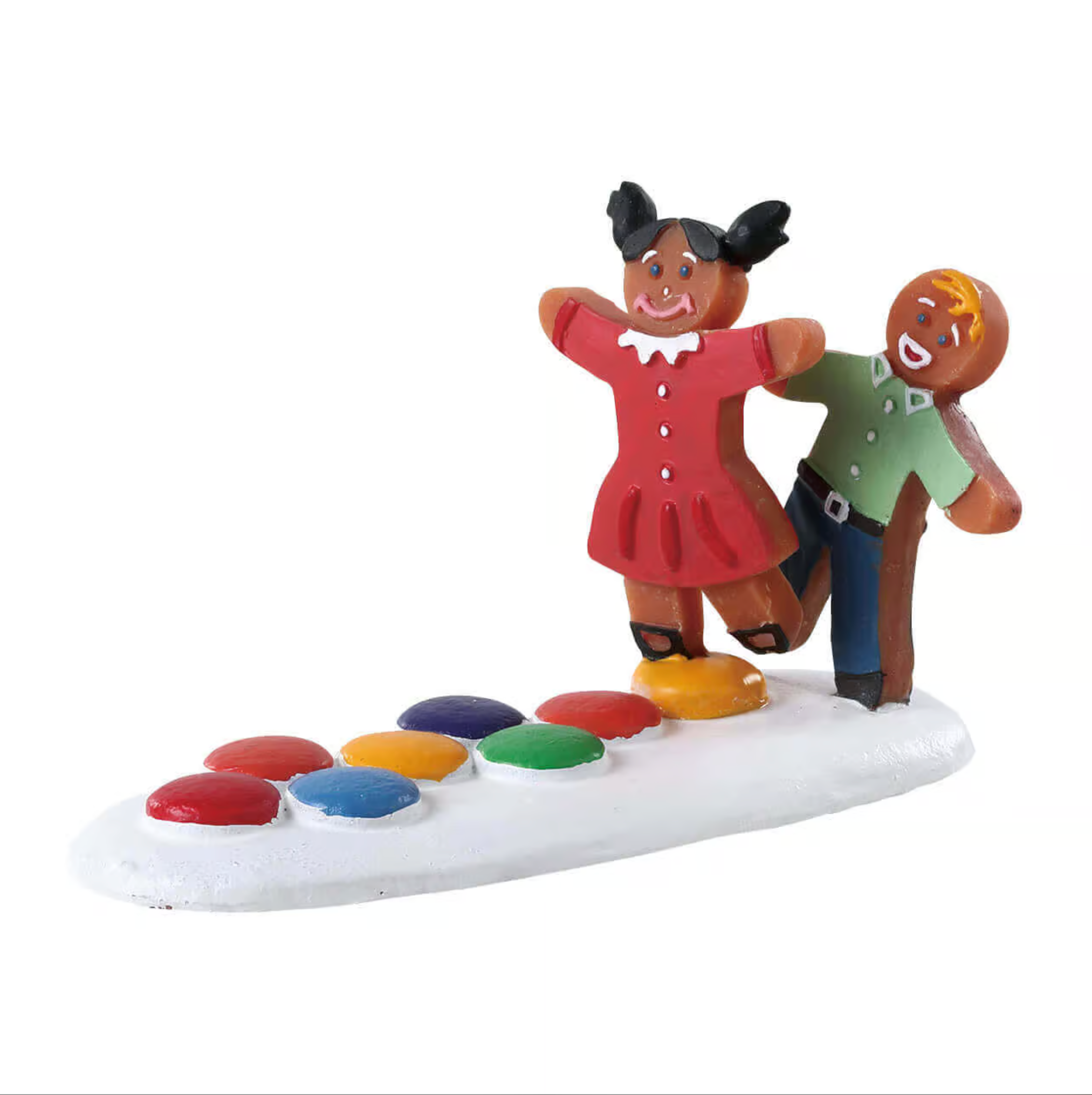 Decorative figurine of two gingerbread people playing hopscotch on a white base with colorful stones.