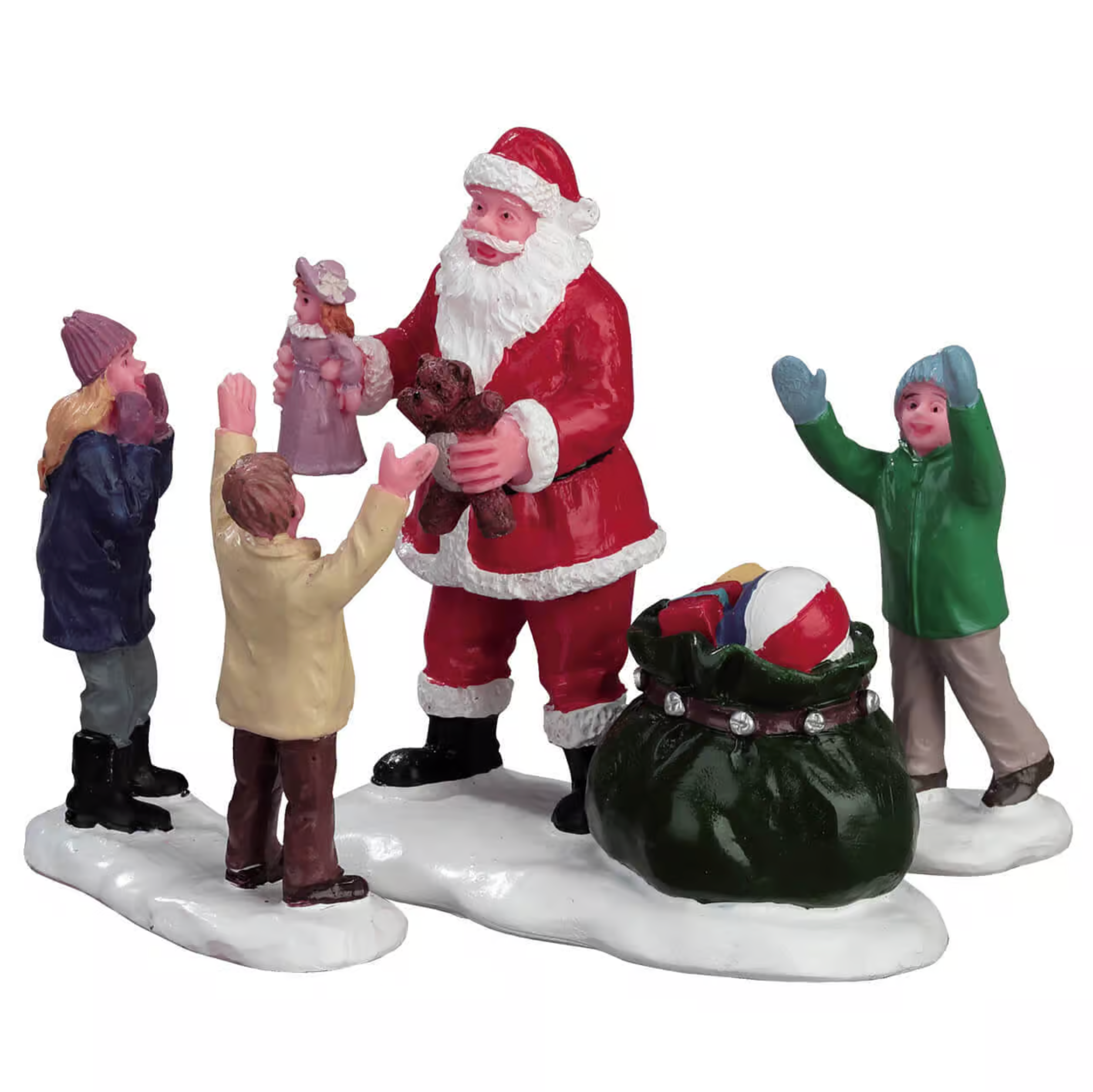 Christmas scene figurine with Santa Claus and children on a white background