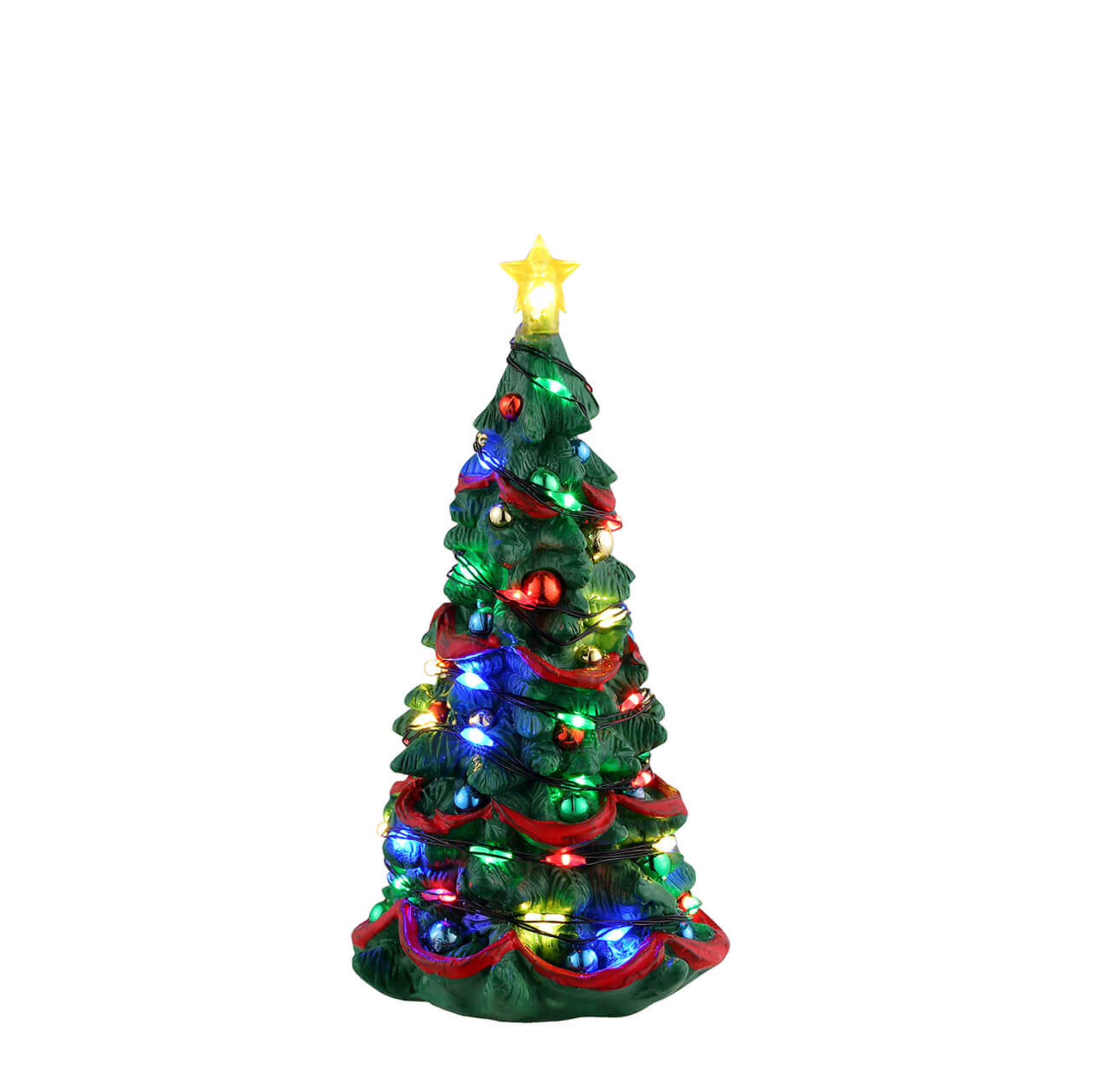 Decorative Lemax Christmas tree with colorful lights and a star on a white background
