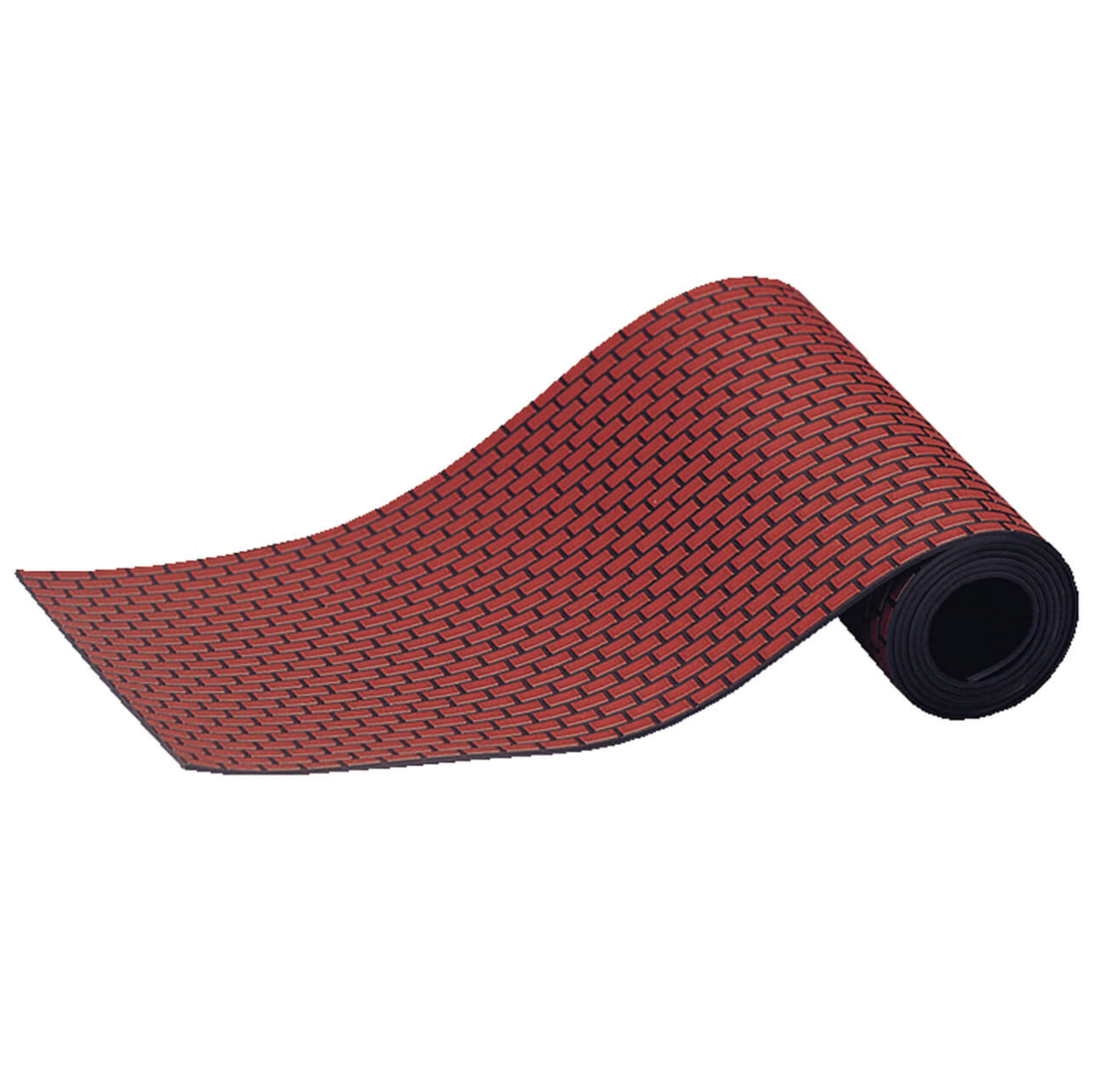 Roll of red and black brick textured plastic material on a white background
