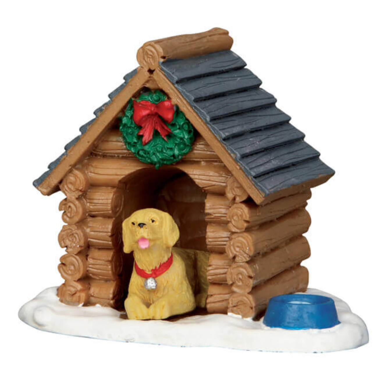 Decorative doghouse with a dog inside, wreath, and snow base on a white background