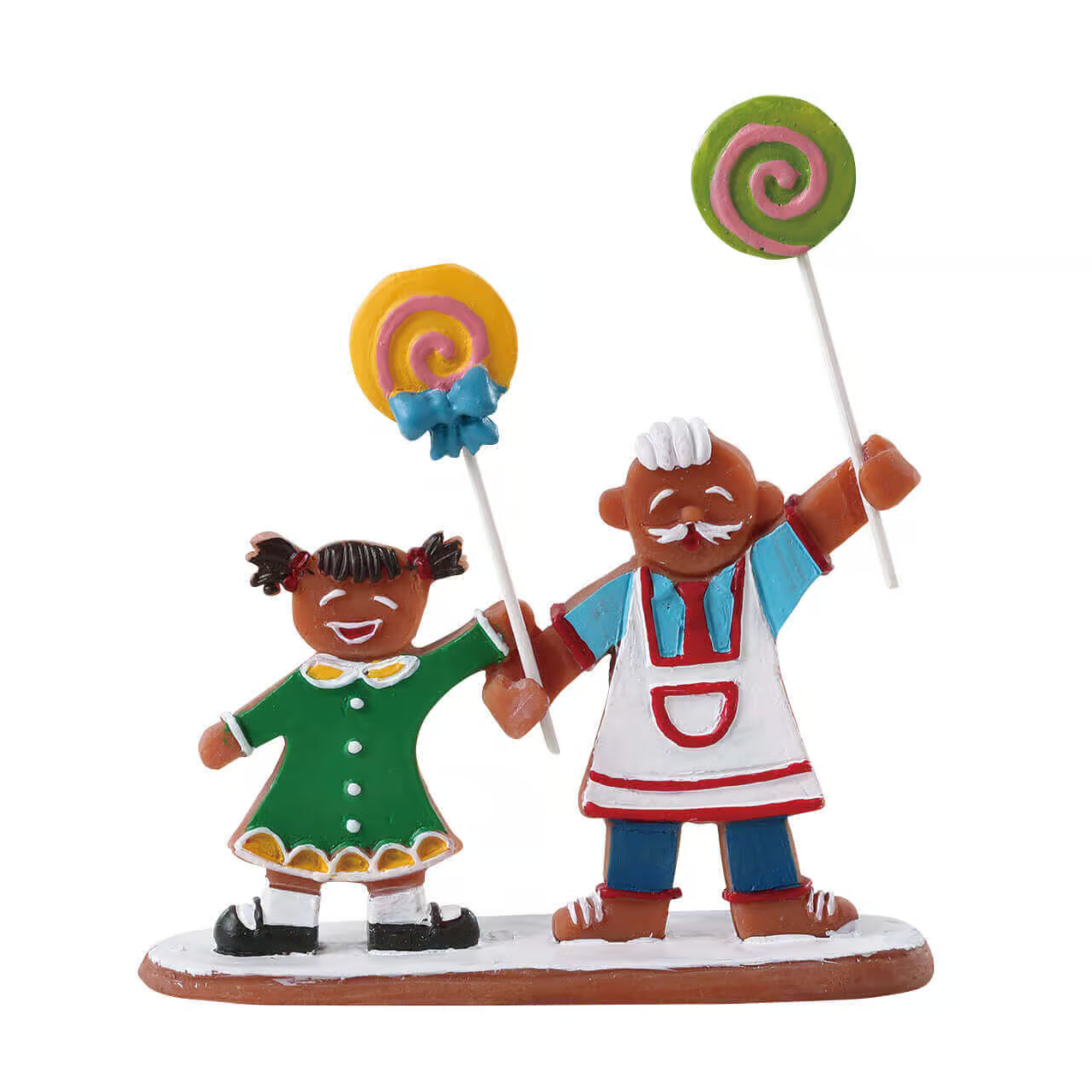 Figurine of a gingerbread boy and girl holding lollipops on a white background