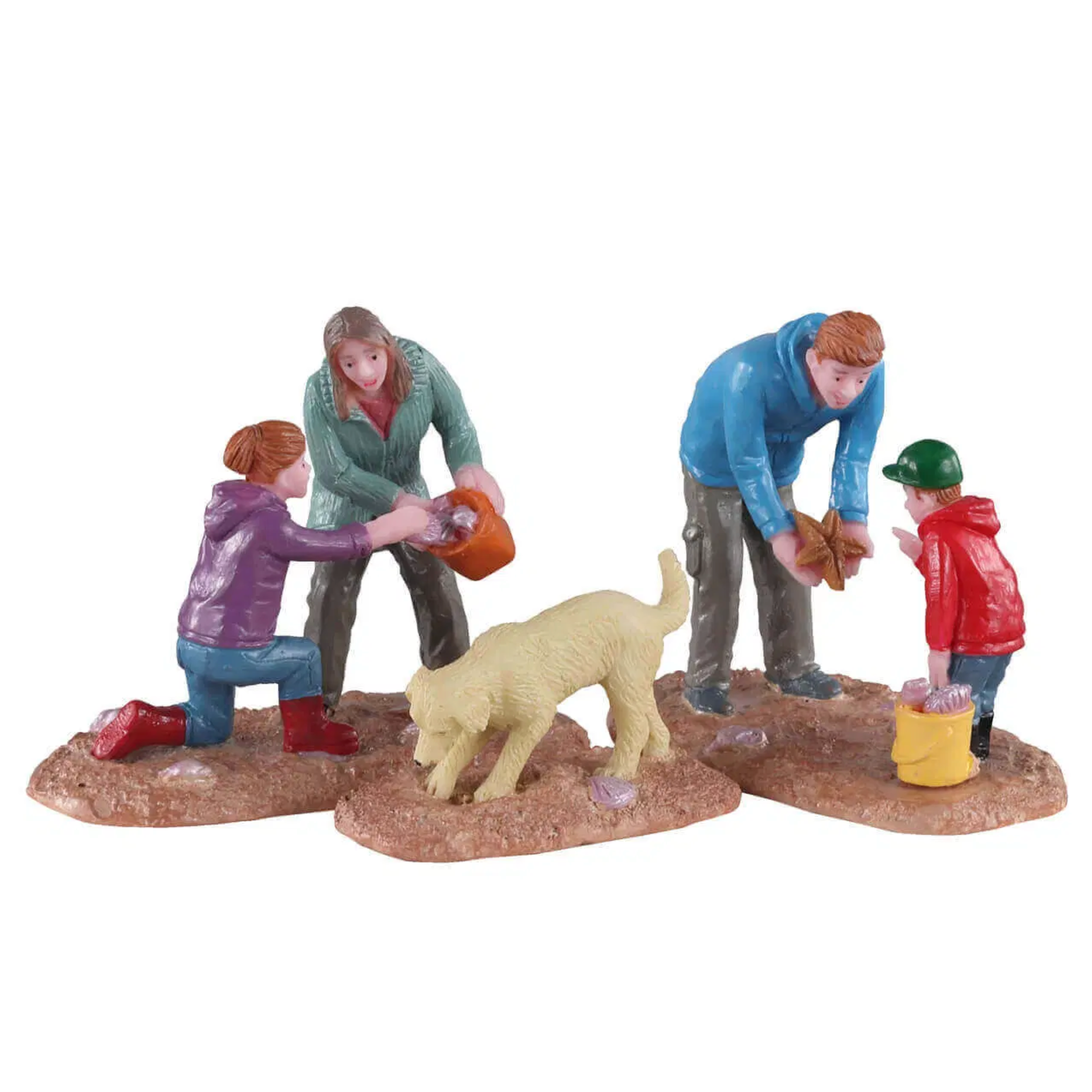 Set of Lemax figures depicting a family with a dog looking for shell in sand on a white background