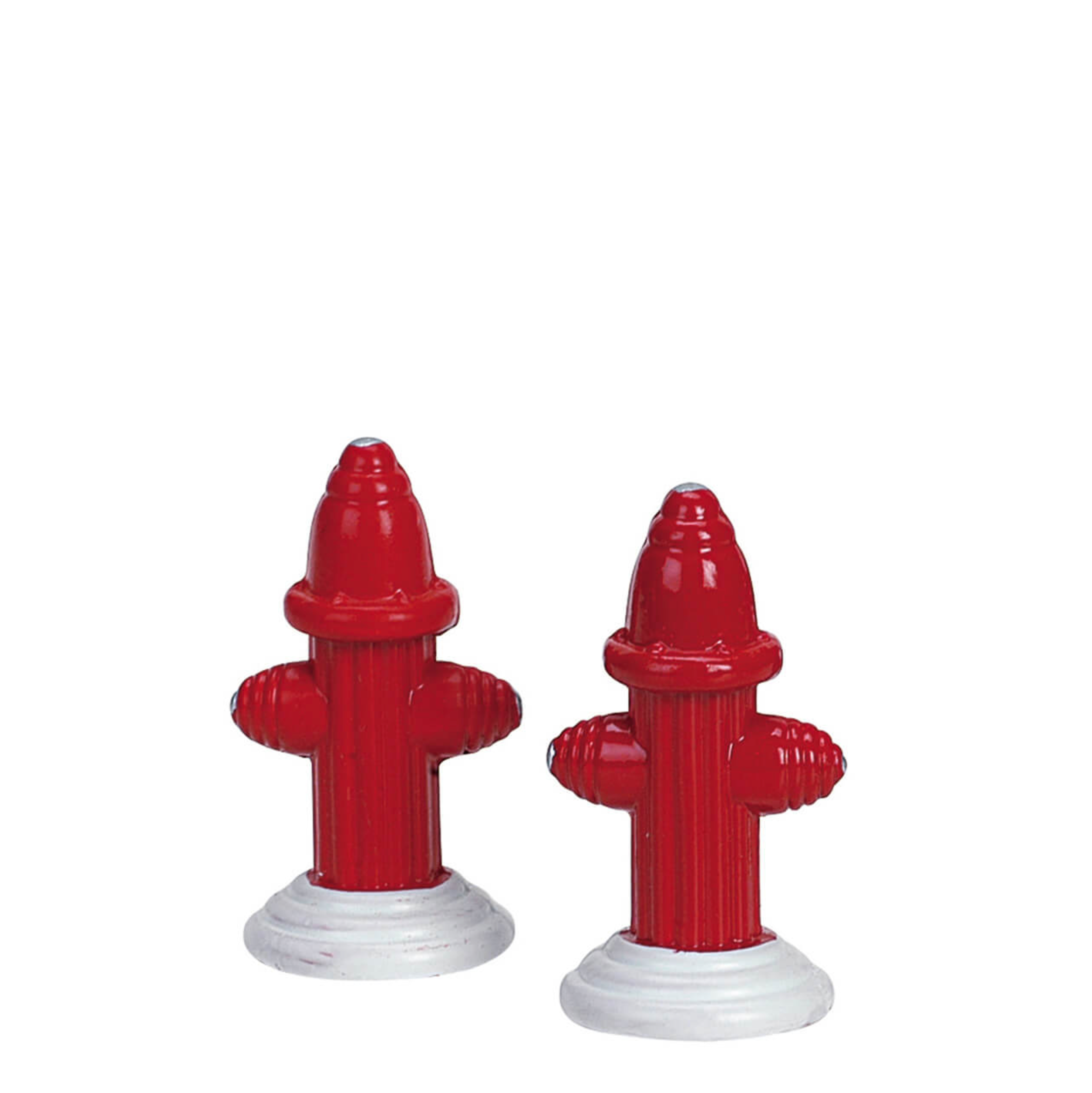 Two red fire hydrant-shaped Lemax accessories on a white background
