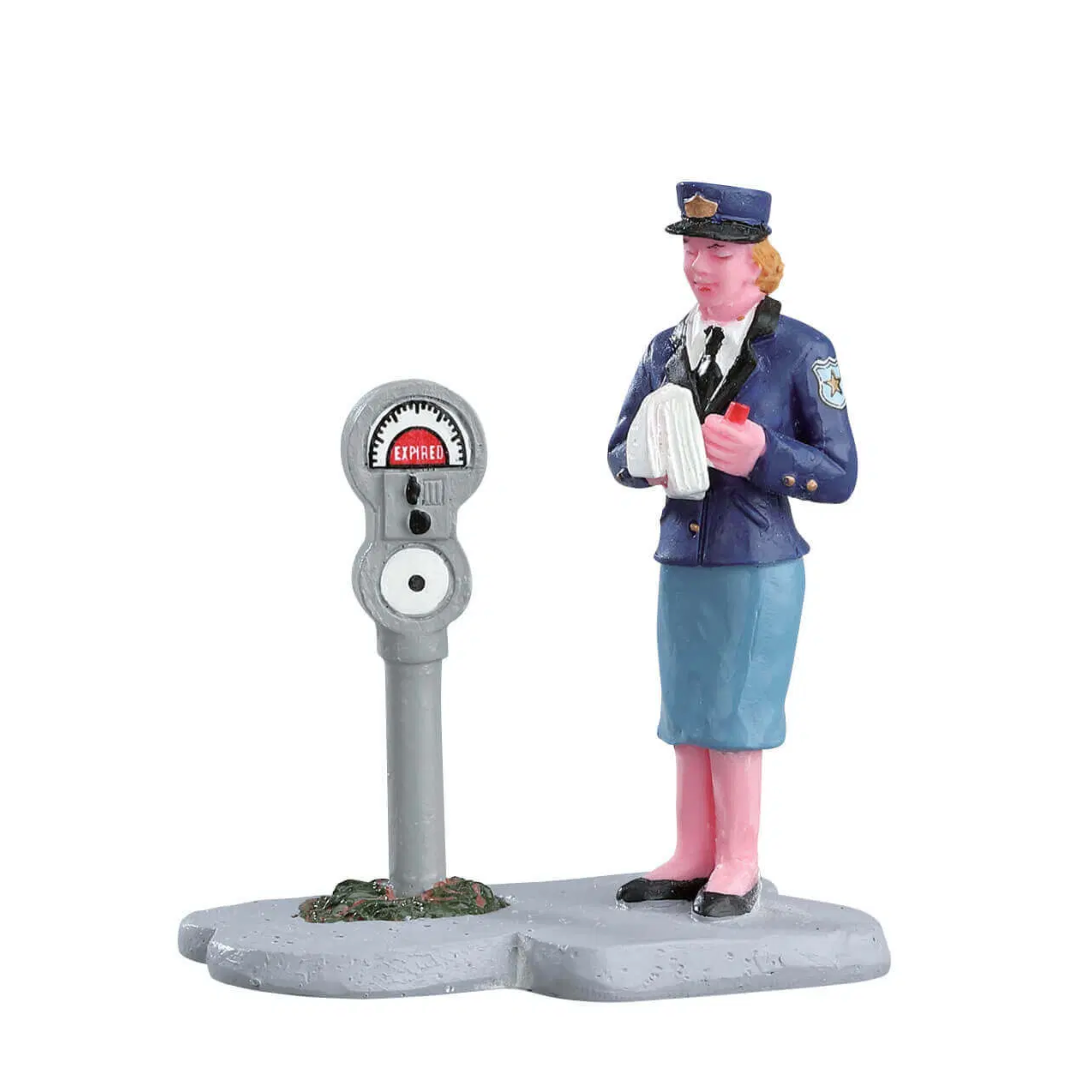 Figurine of a Lemax Caddington Village meter maid on a white background