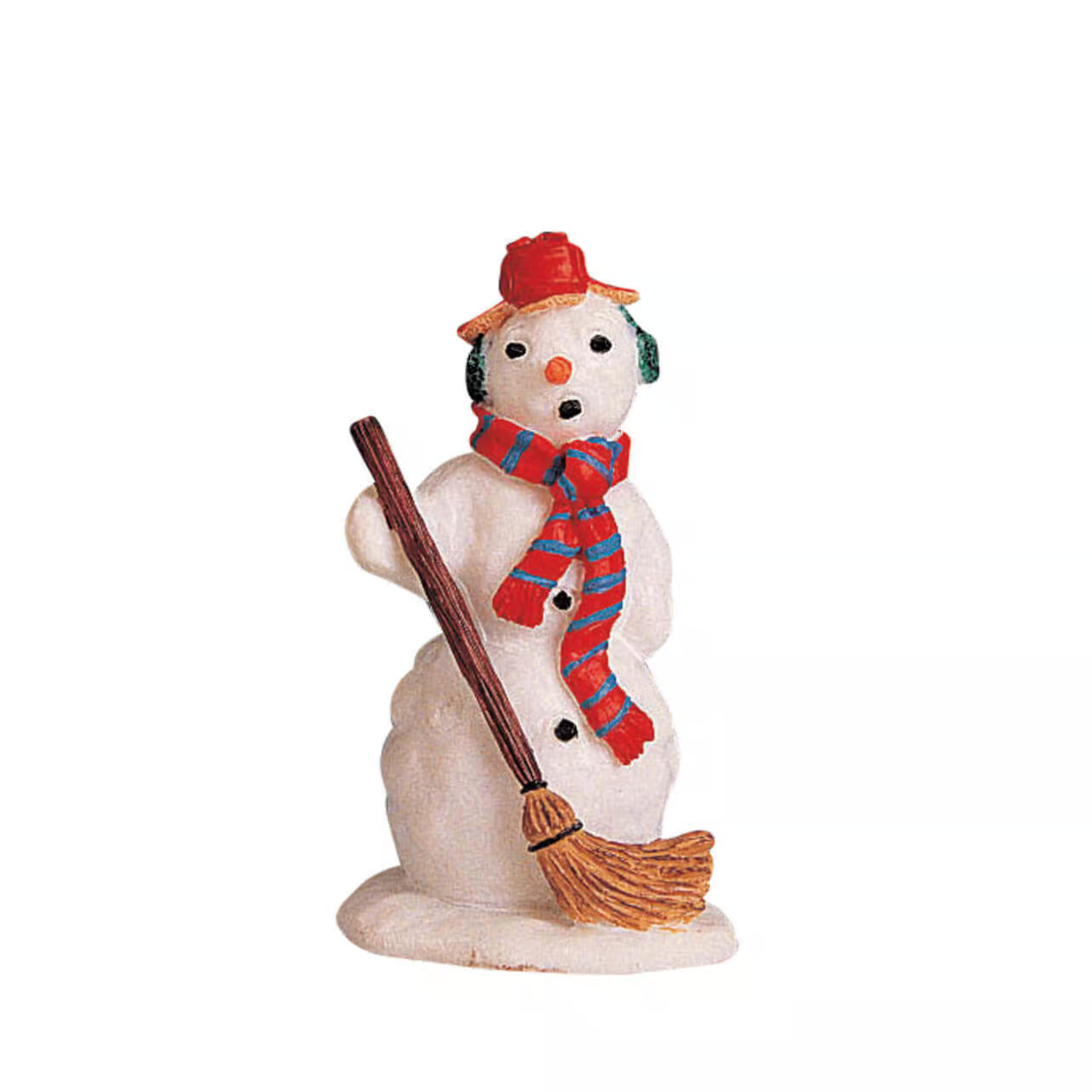 Small snowman figurine with a red hat, striped scarf, and broom on a white background