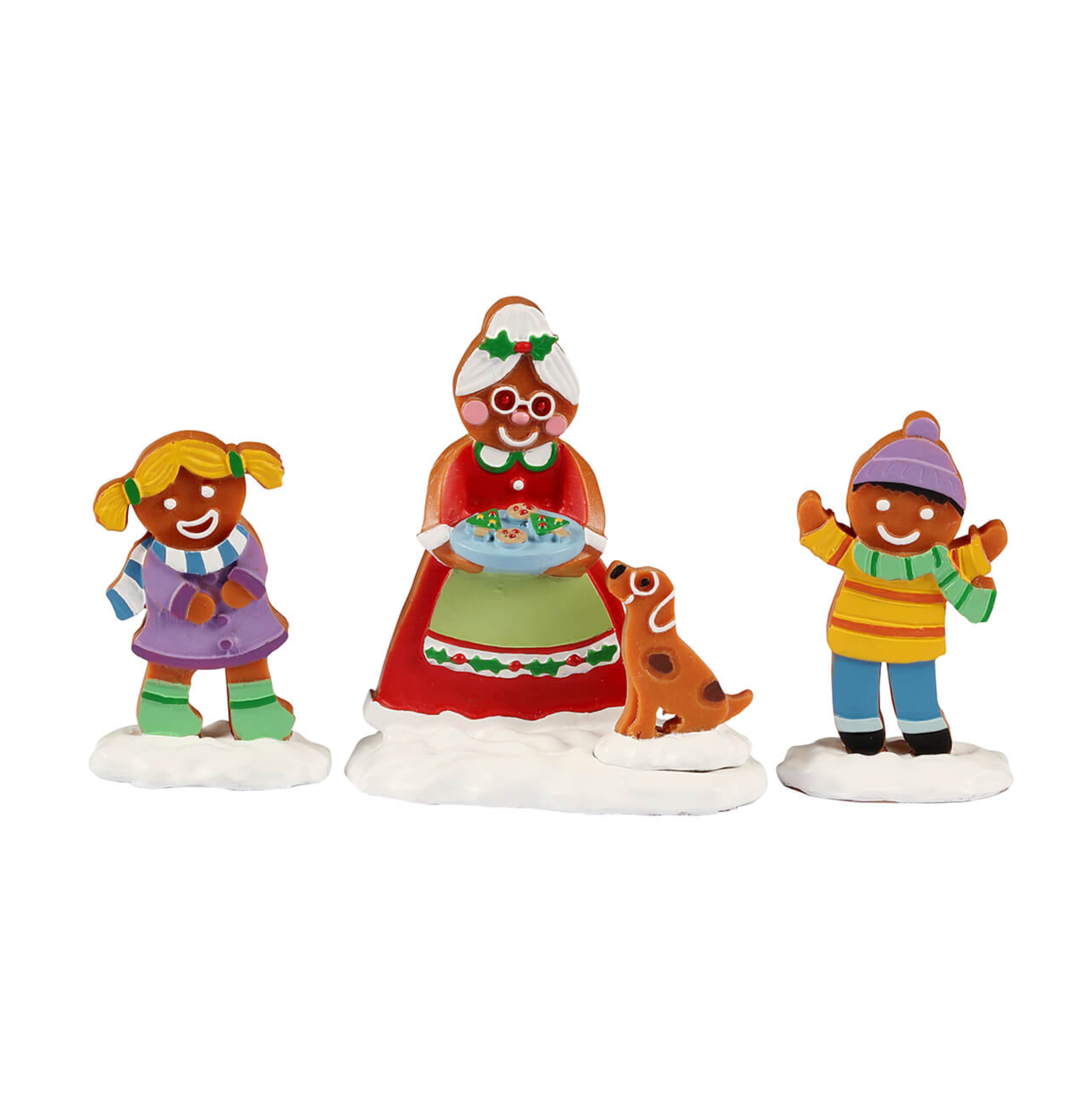 Set of four gingerbread-themed Lemax figurines on a white background