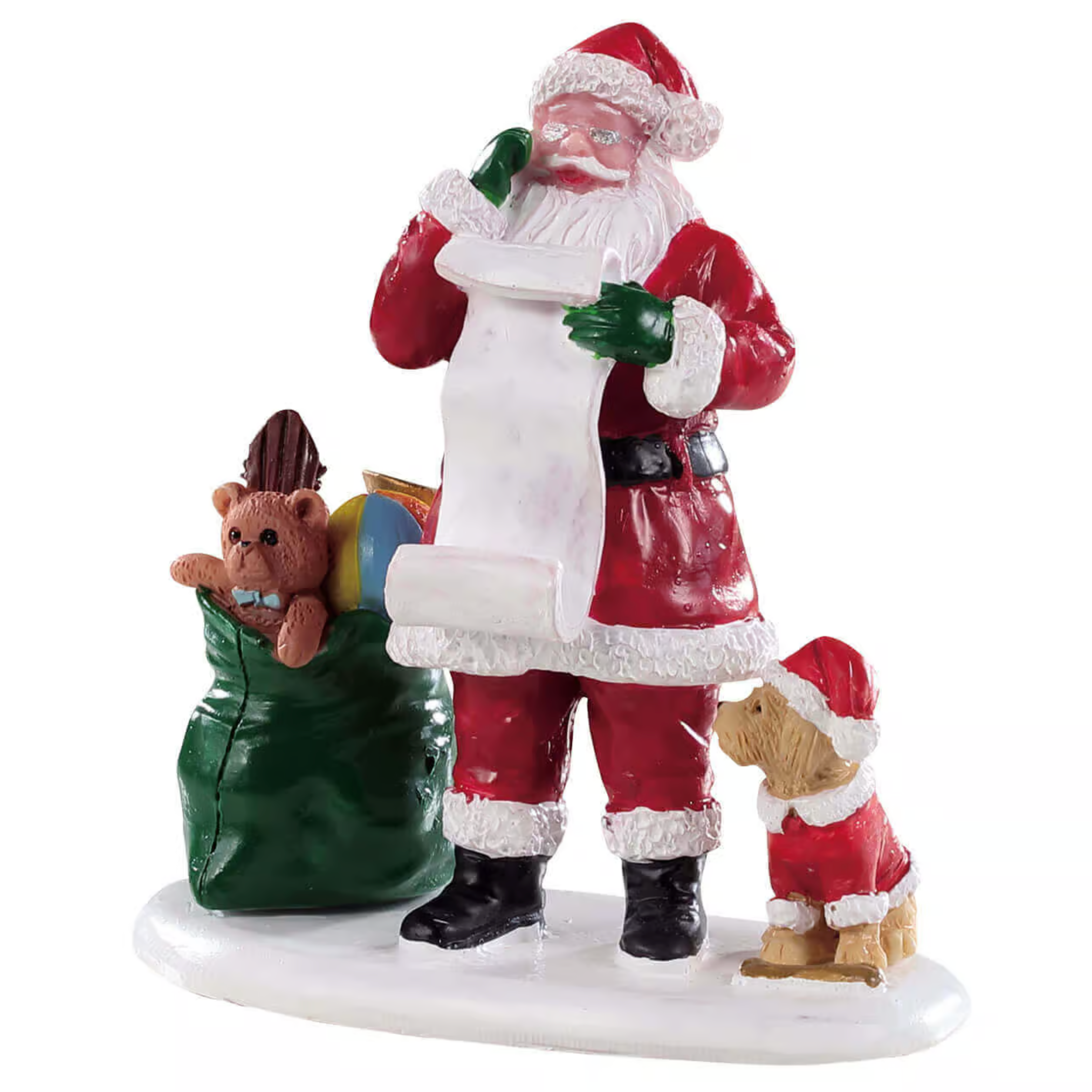 Decorative figurine of Santa Claus with a dog and sack on a white background