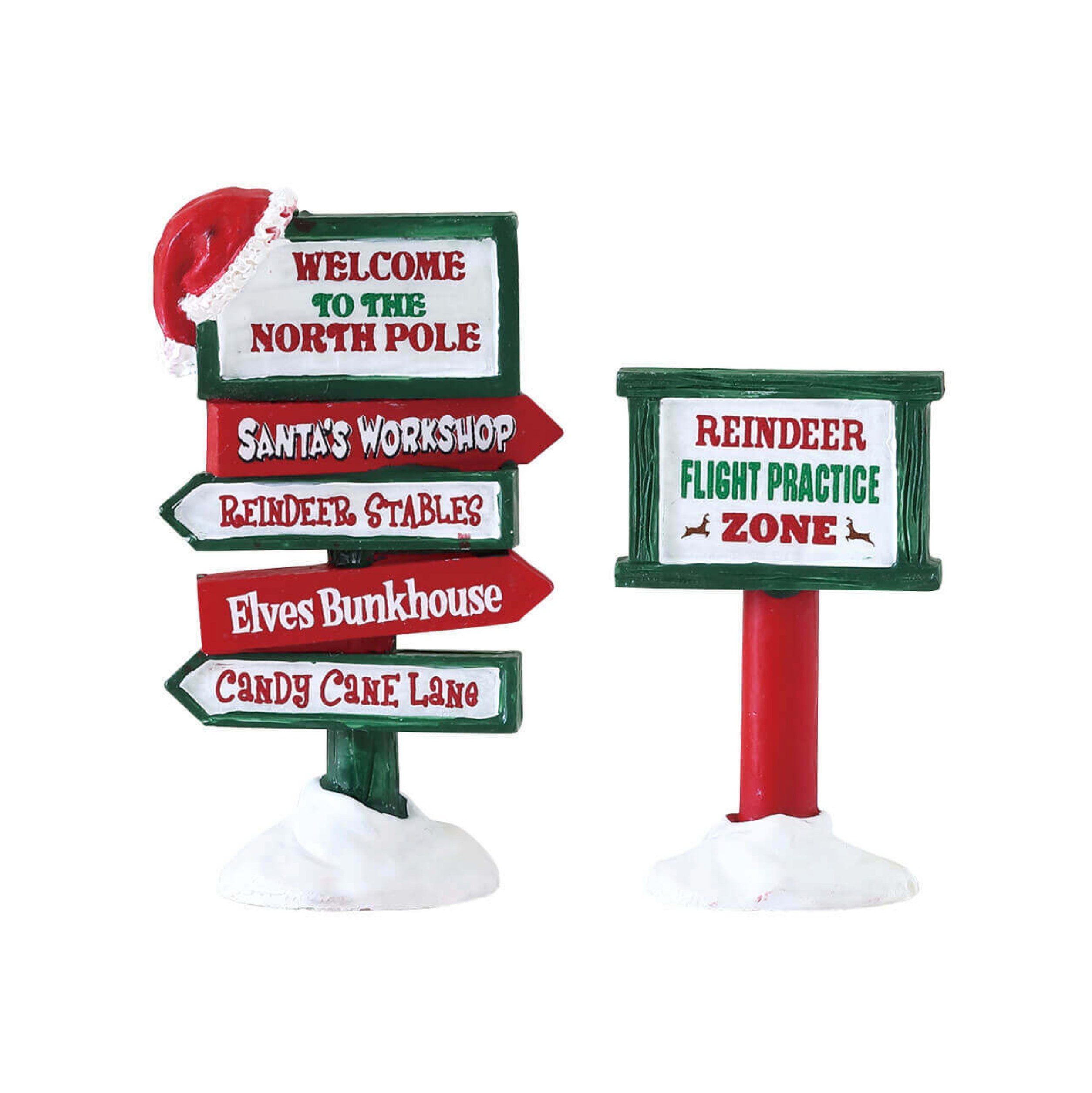 Decorative Christmas signpost with various destinations at the North Pole on a white background.