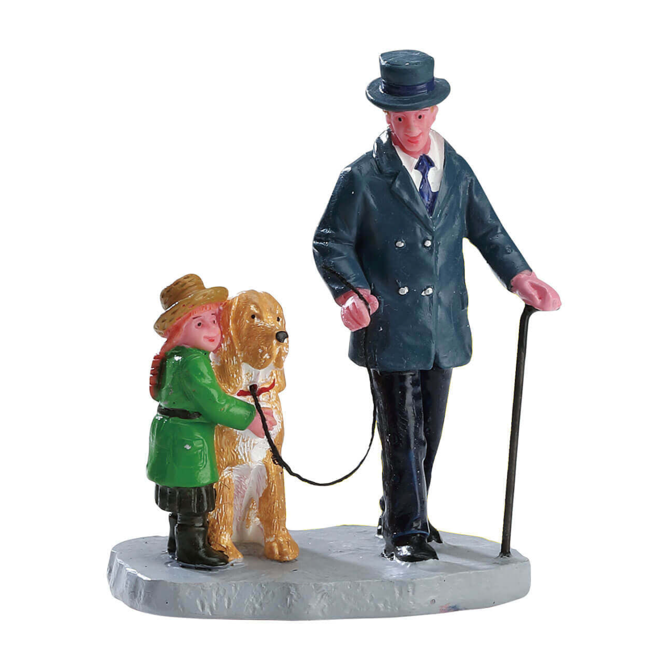 Lemax Figurine of a man, girl, and dog on a white background