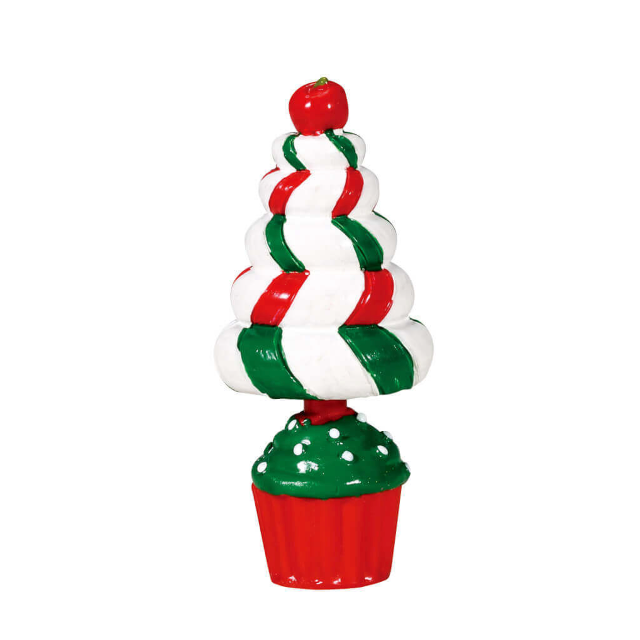 Decorative Christmas topiary tree with red and green stripes on a white background