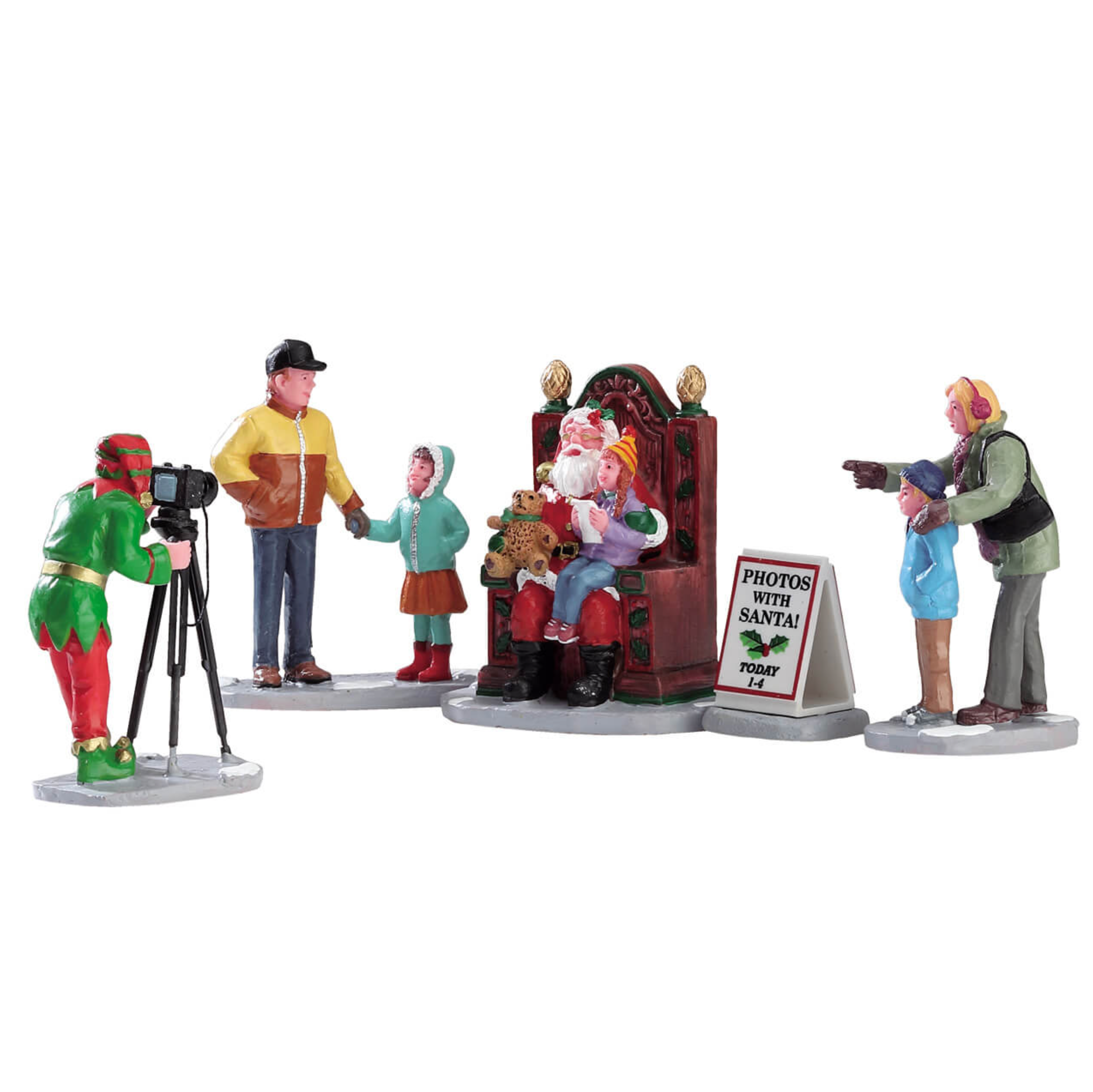 Set of 5 Christmas-themed figurines depicting a scene with Santa Claus, children, and photographers on a white background.