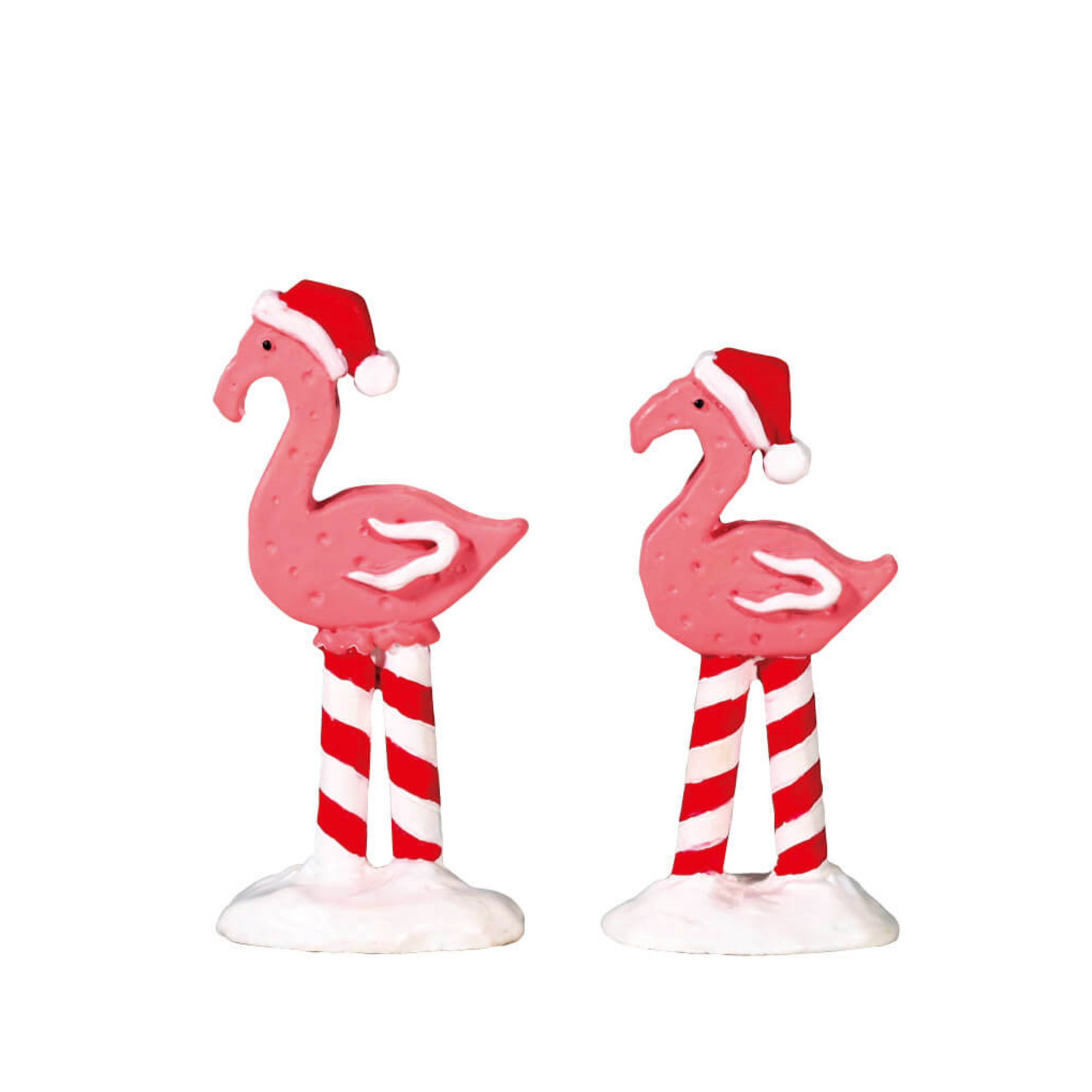 Two pink flamingo figurines with Santa hats and candy cane legs on a white background