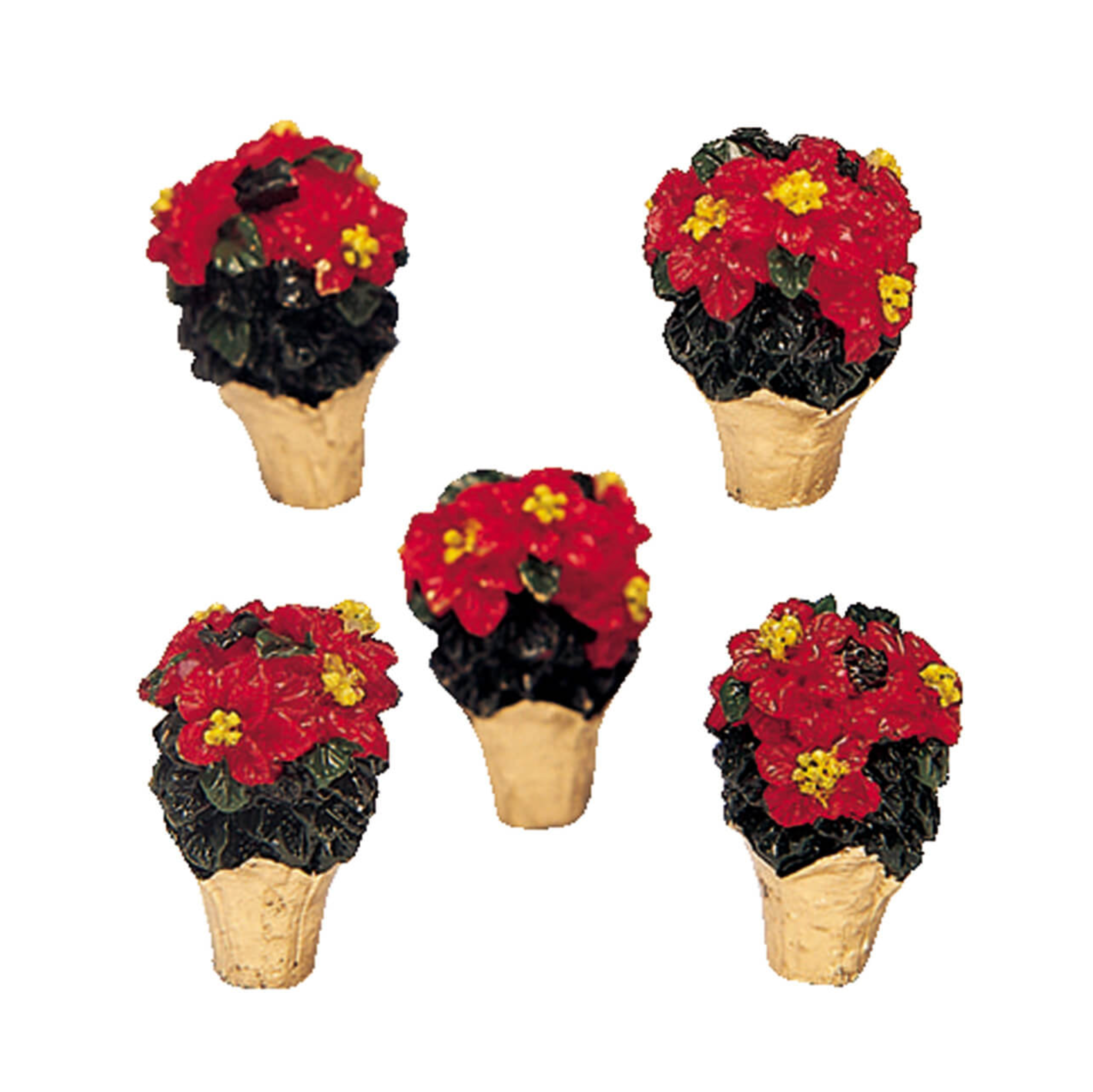 Five Lemax resin potted poinsettias with red floral tops on a white background