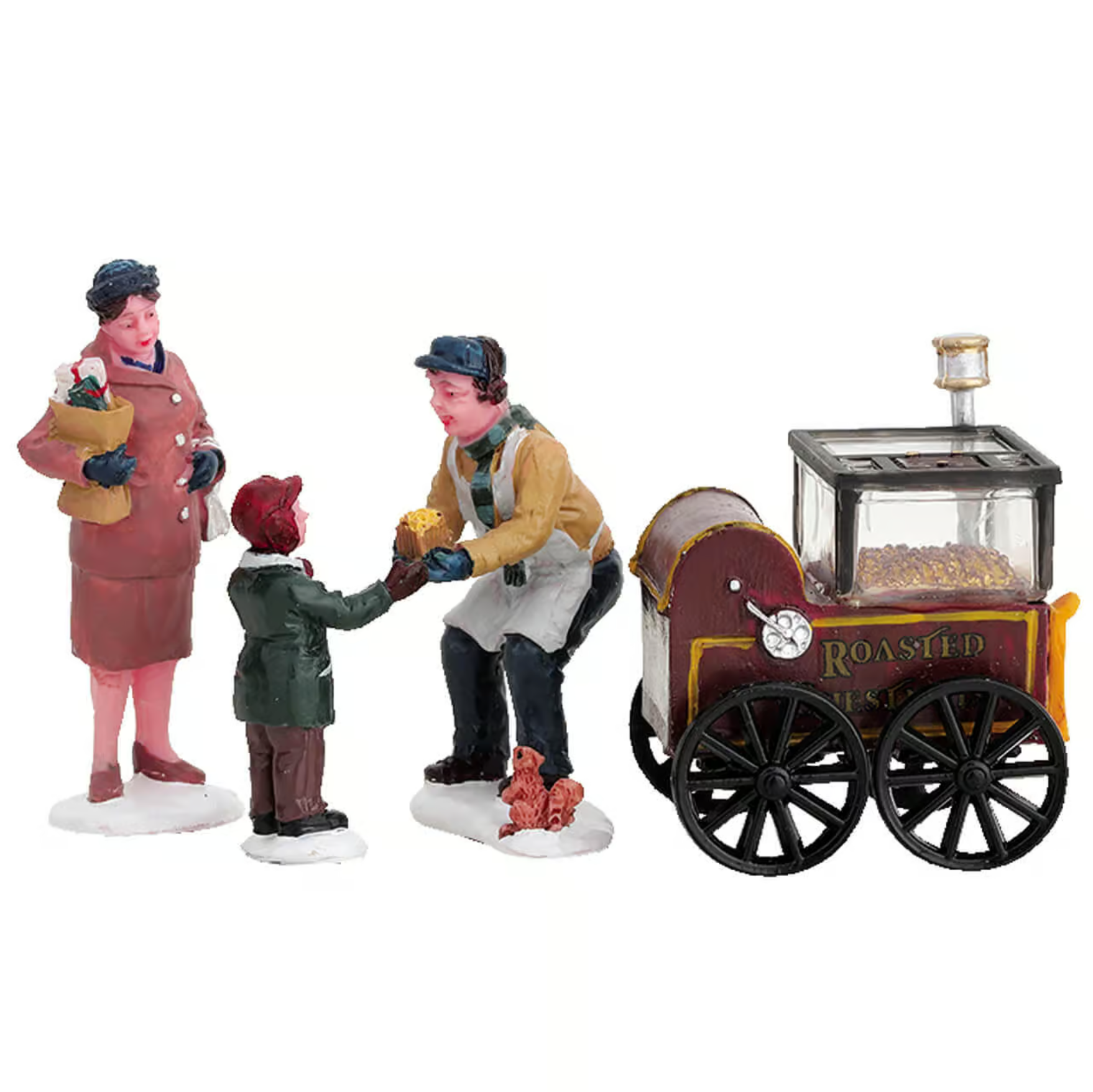 Decorative figurines of a roasting chestnut vendor and customers on a white background