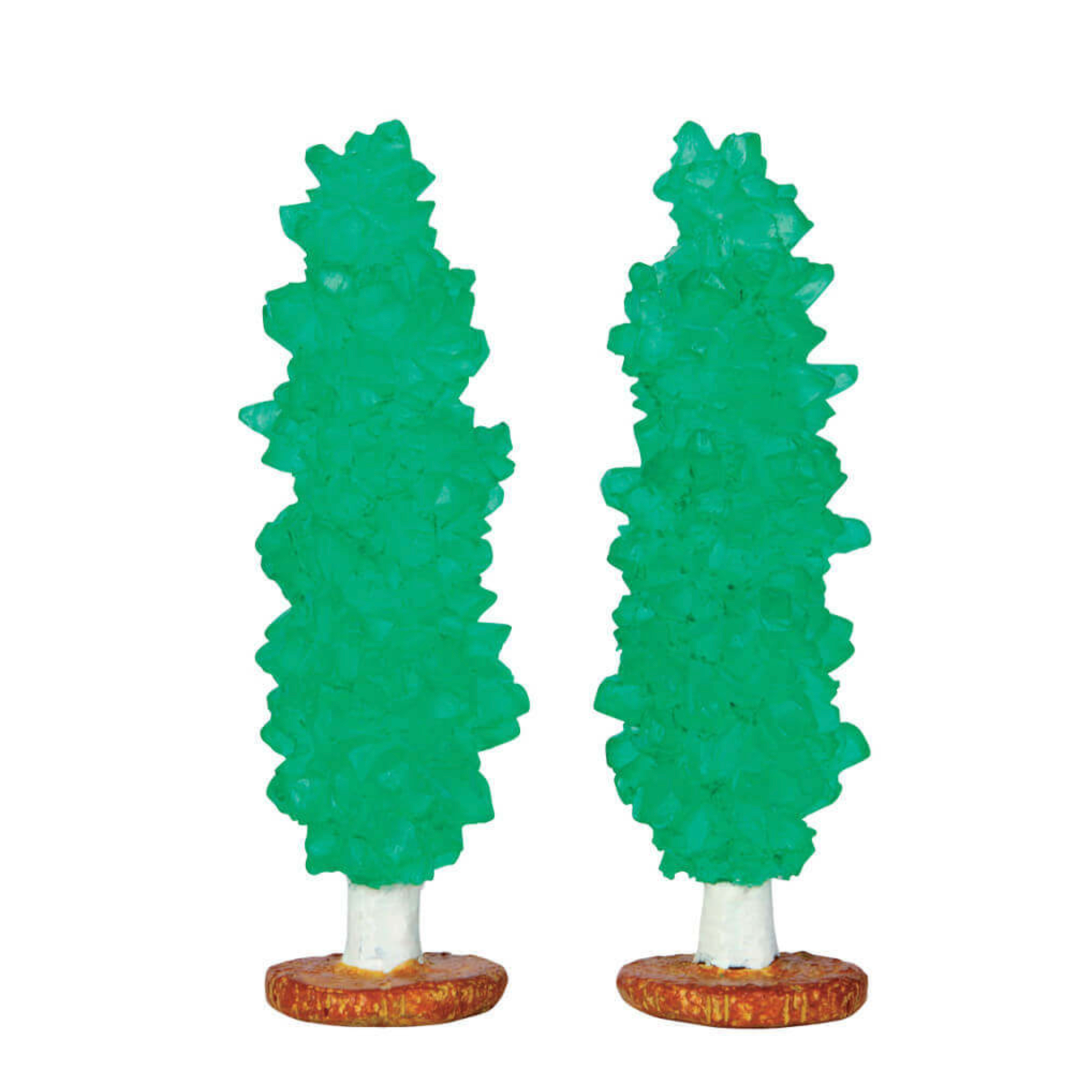 Two green decorative rock candy trees with brown bases on a white background
