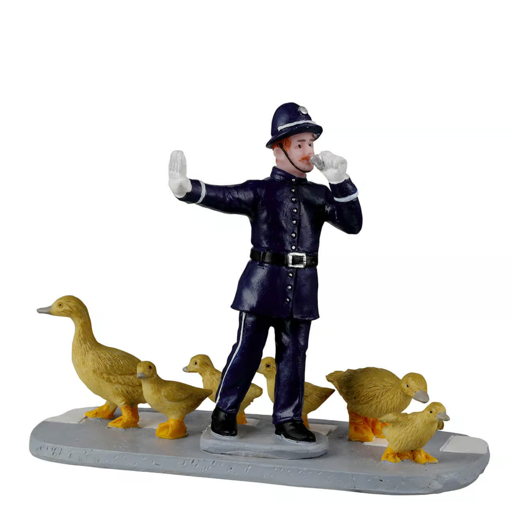 Figurine of a police officer with ducks on a white background