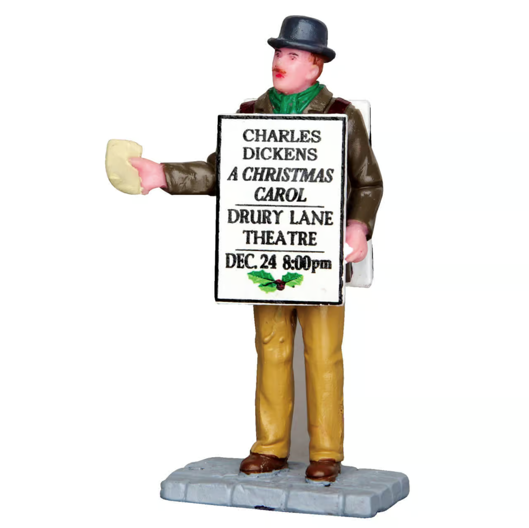 Figurine of a man holding a sign for 'A Christmas Carol' at Drury Lane Theatre